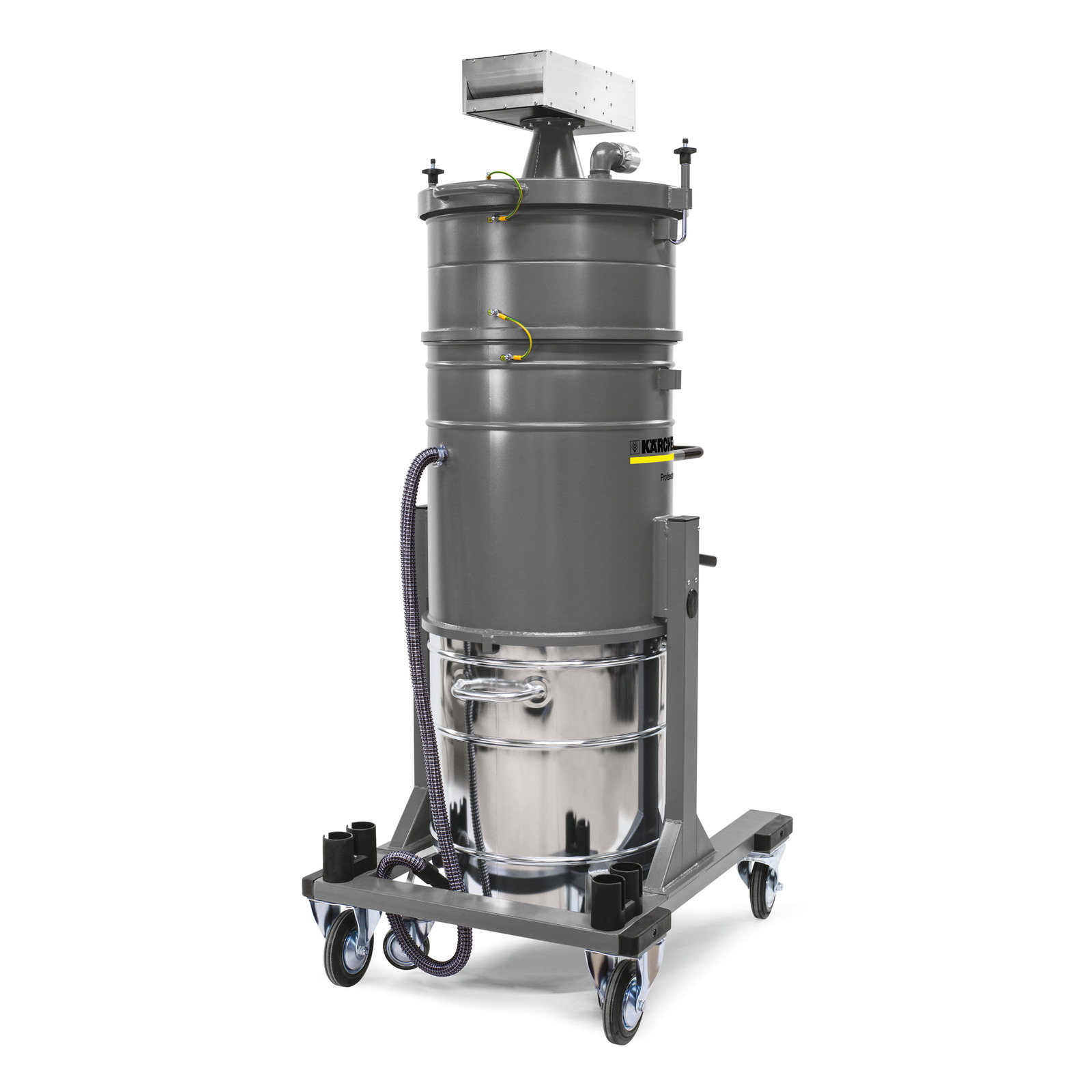Kärcher industrial vacuum cleaner with a grey cylindrical body, mounted on a wheeled base.