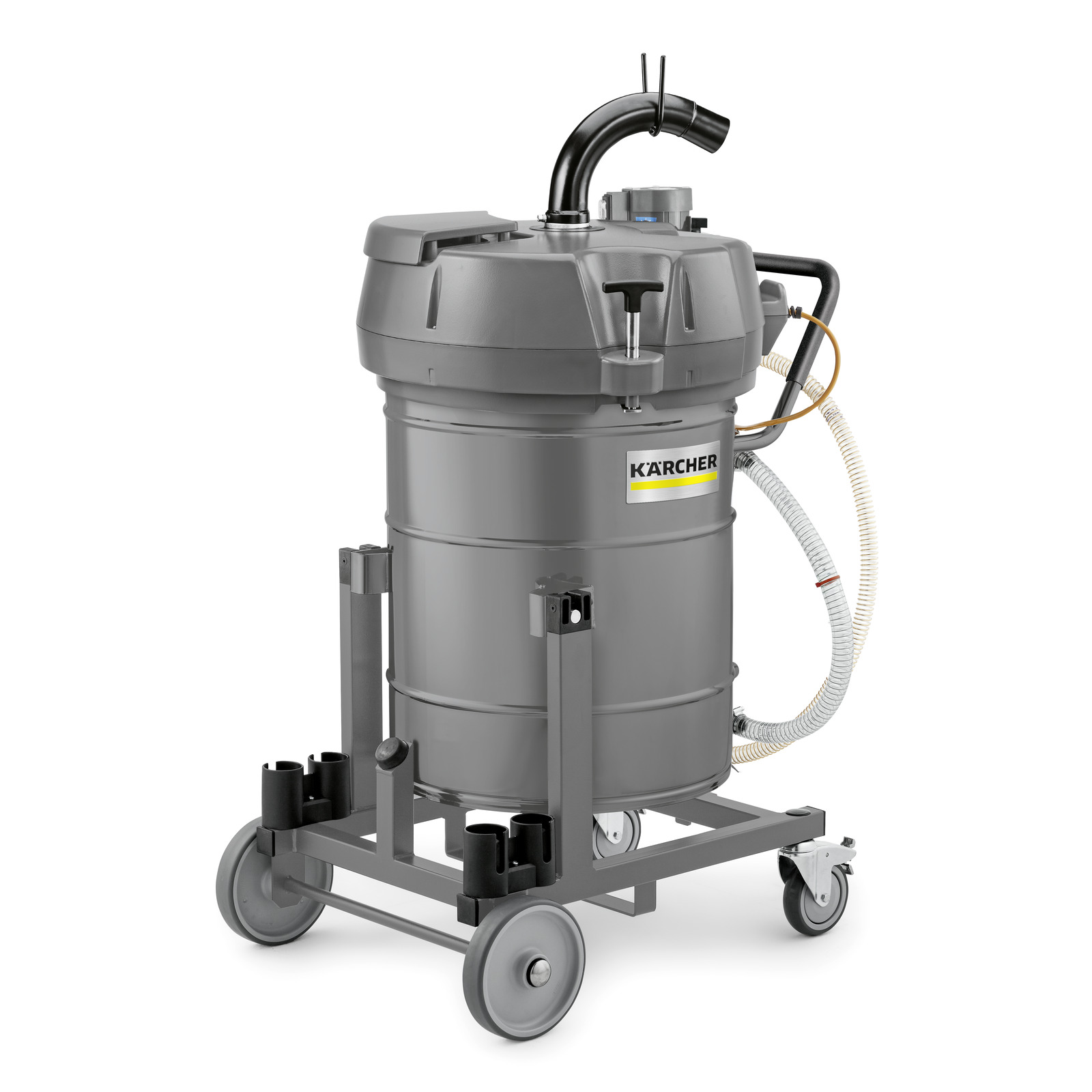 Kärcher industrial vacuum cleaner with grey cylindrical body, mounted on a wheeled frame. Kärcher industrial vacuum cleaner with grey cylindrical body, mounted on a wheeled frame.