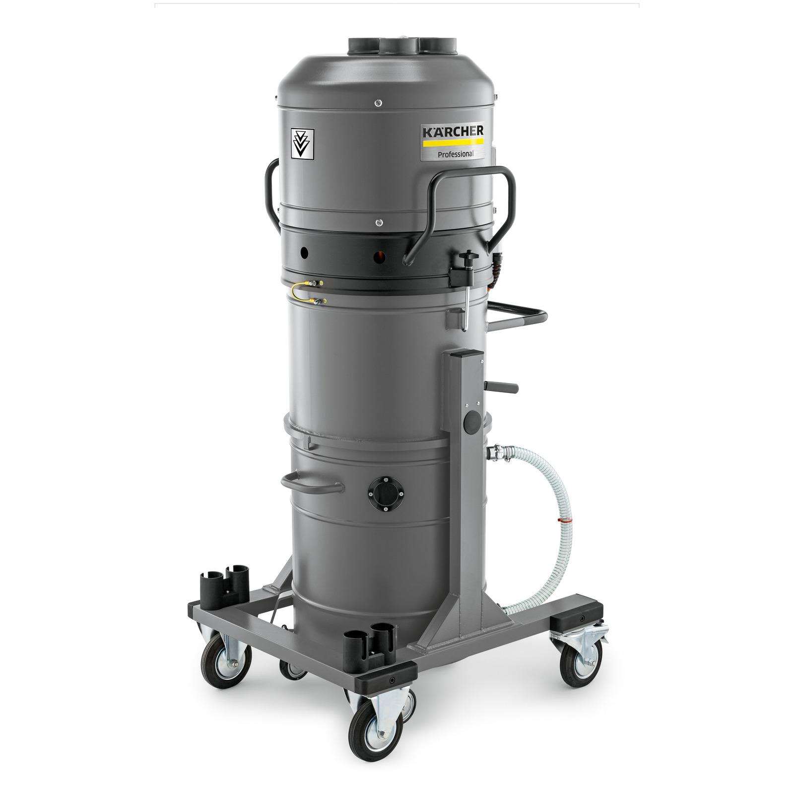 Kärcher industrial vacuum cleaner with a cylindrical grey body, mounted on a wheeled base for mobility.