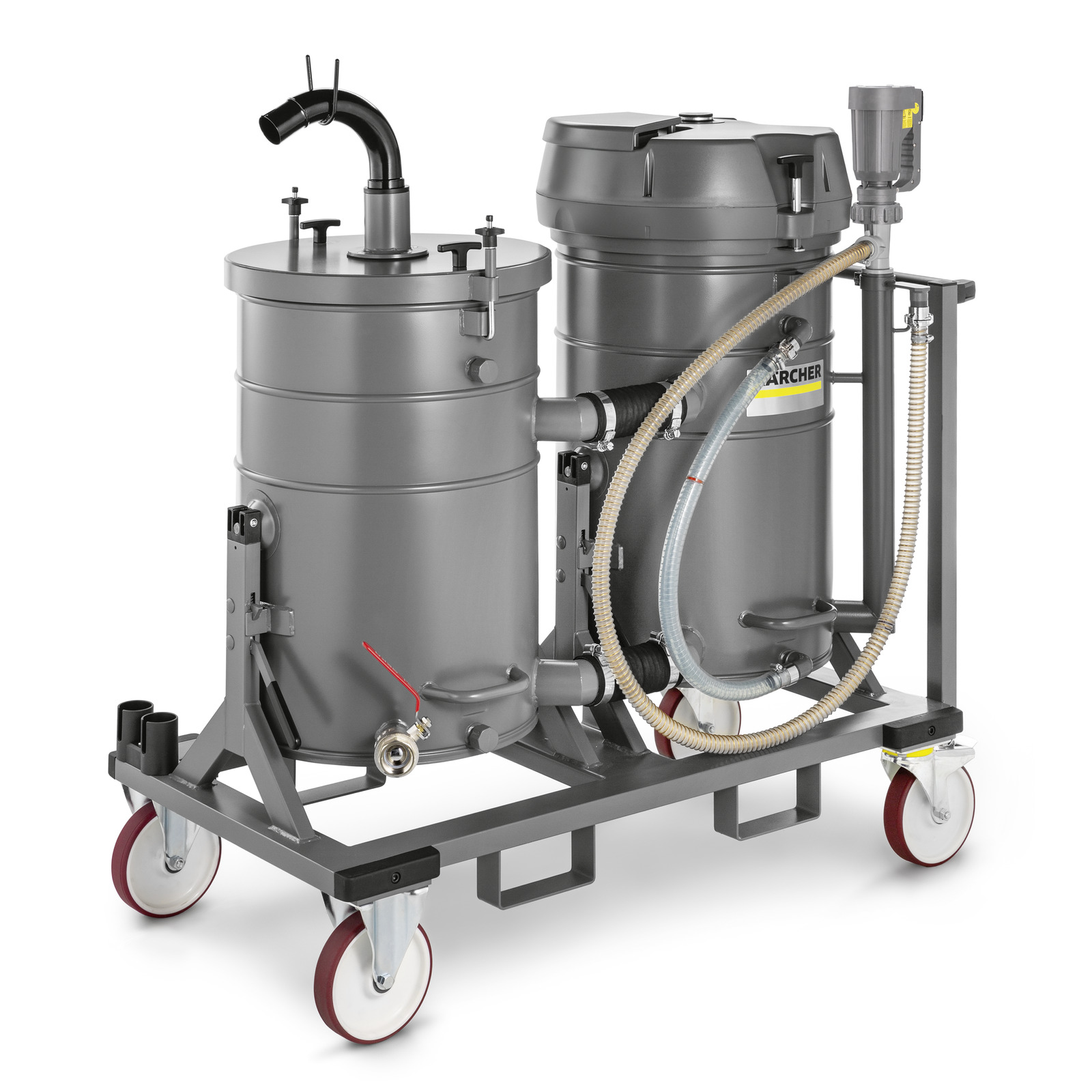 Kärcher industrial vacuum cleaner on a wheeled frame, featuring two large cylindrical tanks connected by hoses. Kärcher industrial vacuum cleaner on a wheeled frame, featuring two large cylindrical tanks connected by hoses.