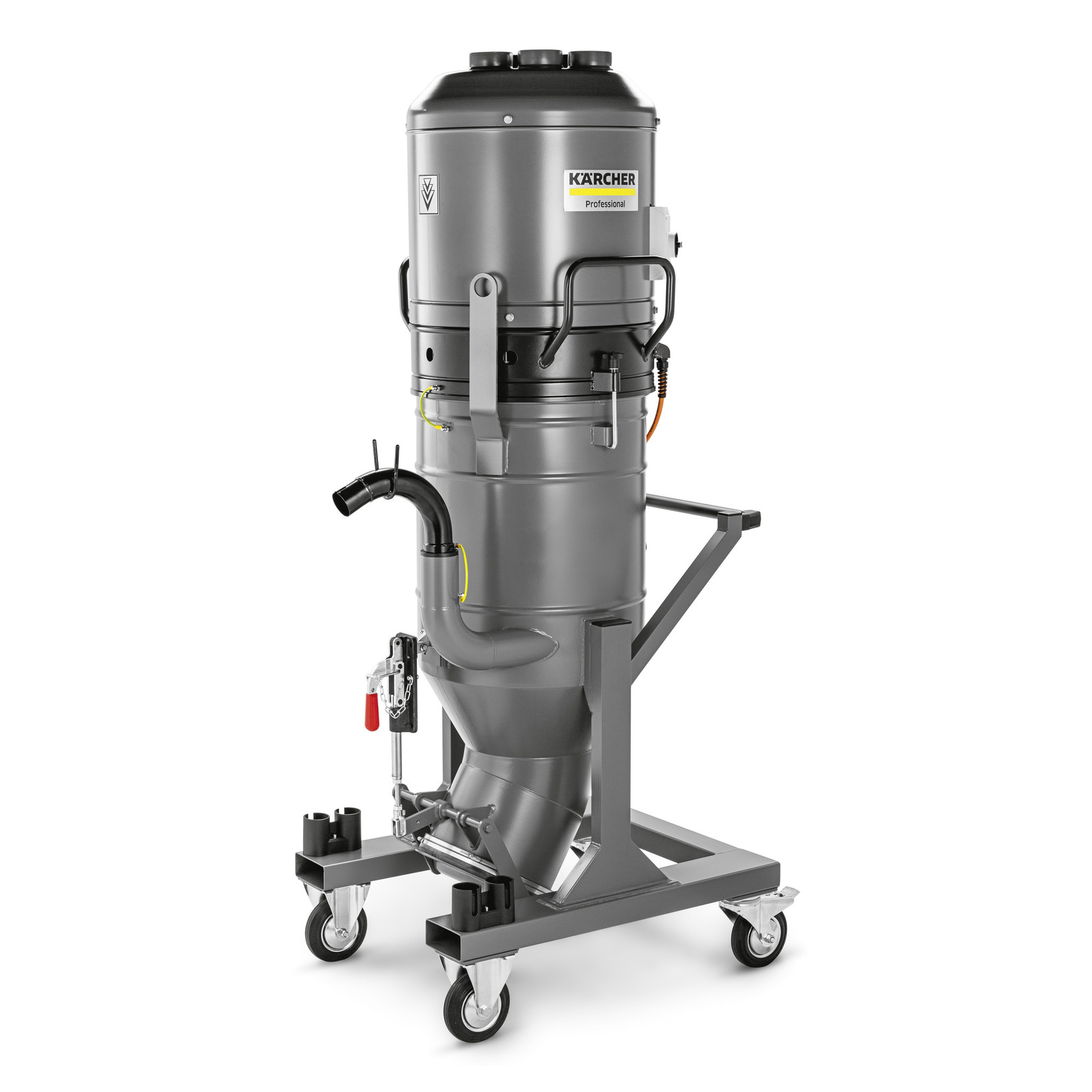 Kärcher industrial vacuum cleaner on a wheeled stand, featuring a cylindrical body and multiple hoses.