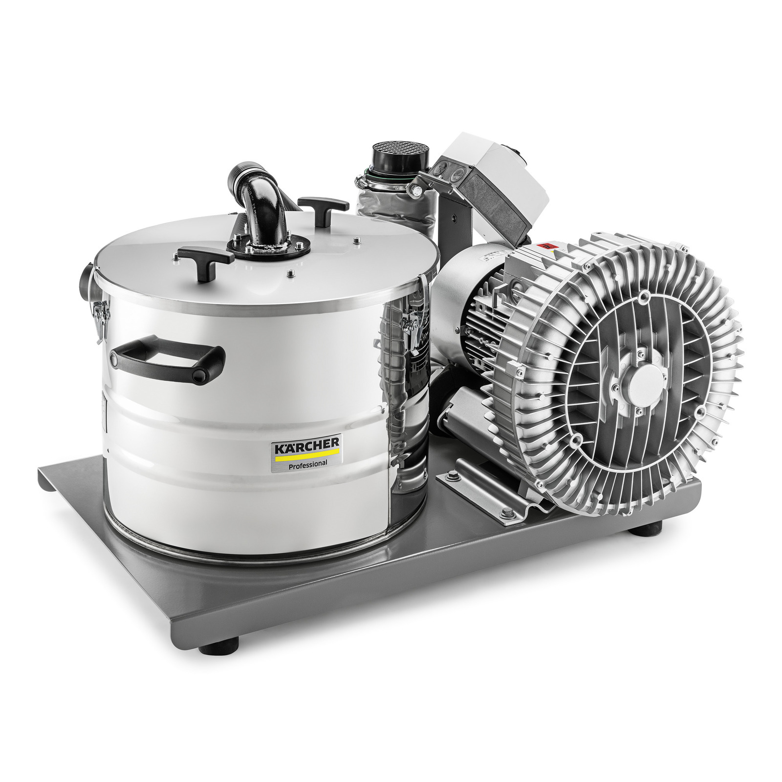 Kärcher industrial vacuum cleaner with a cylindrical stainless steel body and large motor on a grey base. Kärcher industrial vacuum cleaner with a cylindrical stainless steel body and large motor on a grey base.
