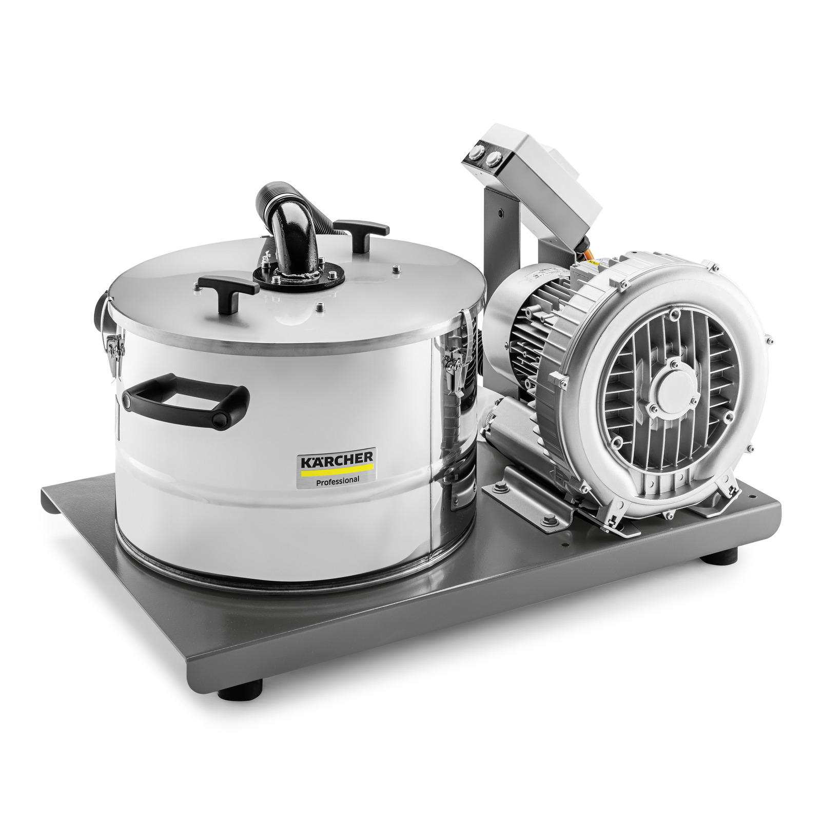 Kärcher industrial vacuum system with a stainless steel container and motor unit on a sturdy base.