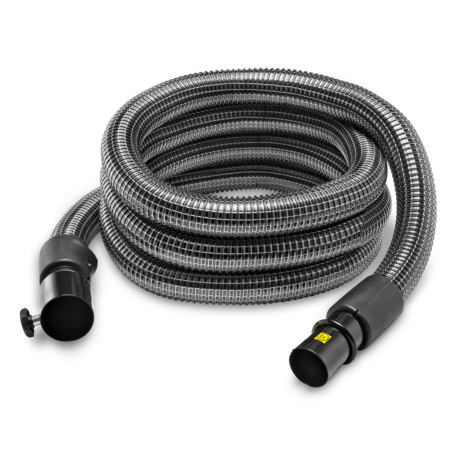Coiled Kärcher vacuum hose with black connectors on a white background. Coiled Kärcher vacuum hose with black connectors on a white background.