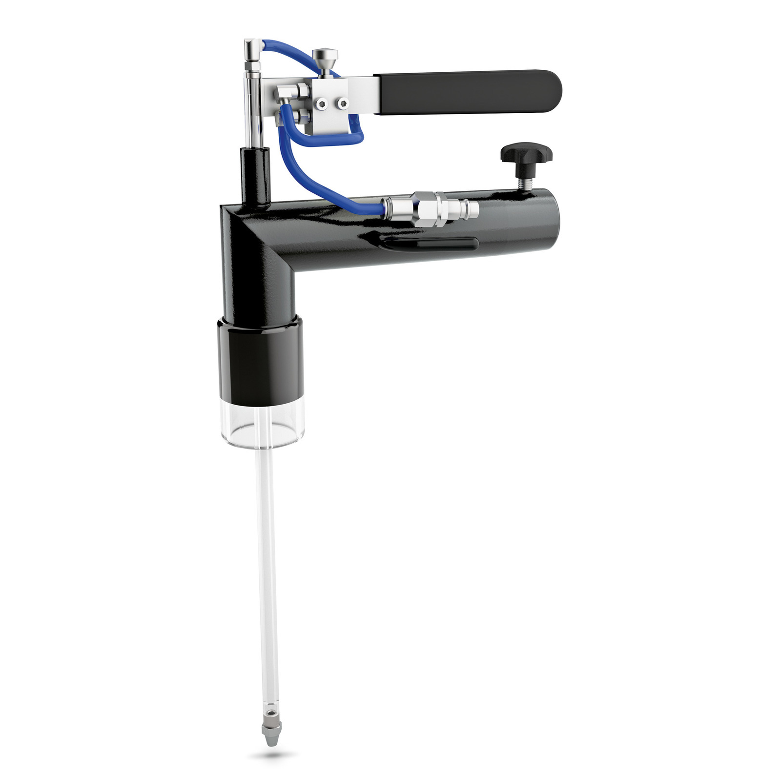 Black Kärcher spray lance with blue tubing and a transparent nozzle, isolated on a white background. Black Kärcher spray lance with blue tubing and a transparent nozzle, isolated on a white background.
