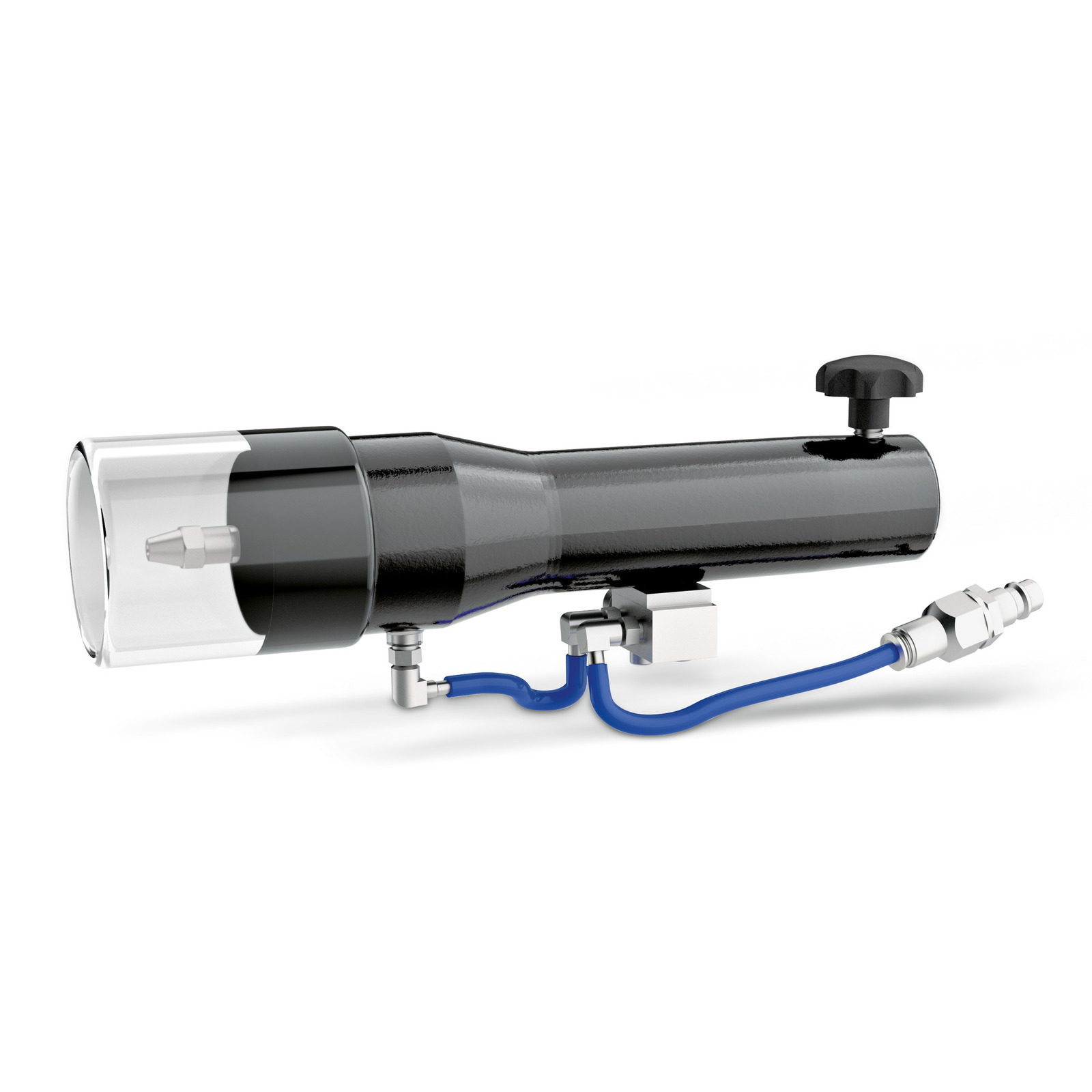 Black cylindrical device with transparent nozzle, blue tubing, and metallic connectors, featuring a knob on top. Black cylindrical device with transparent nozzle, blue tubing, and metallic connectors, featuring a knob on top.
