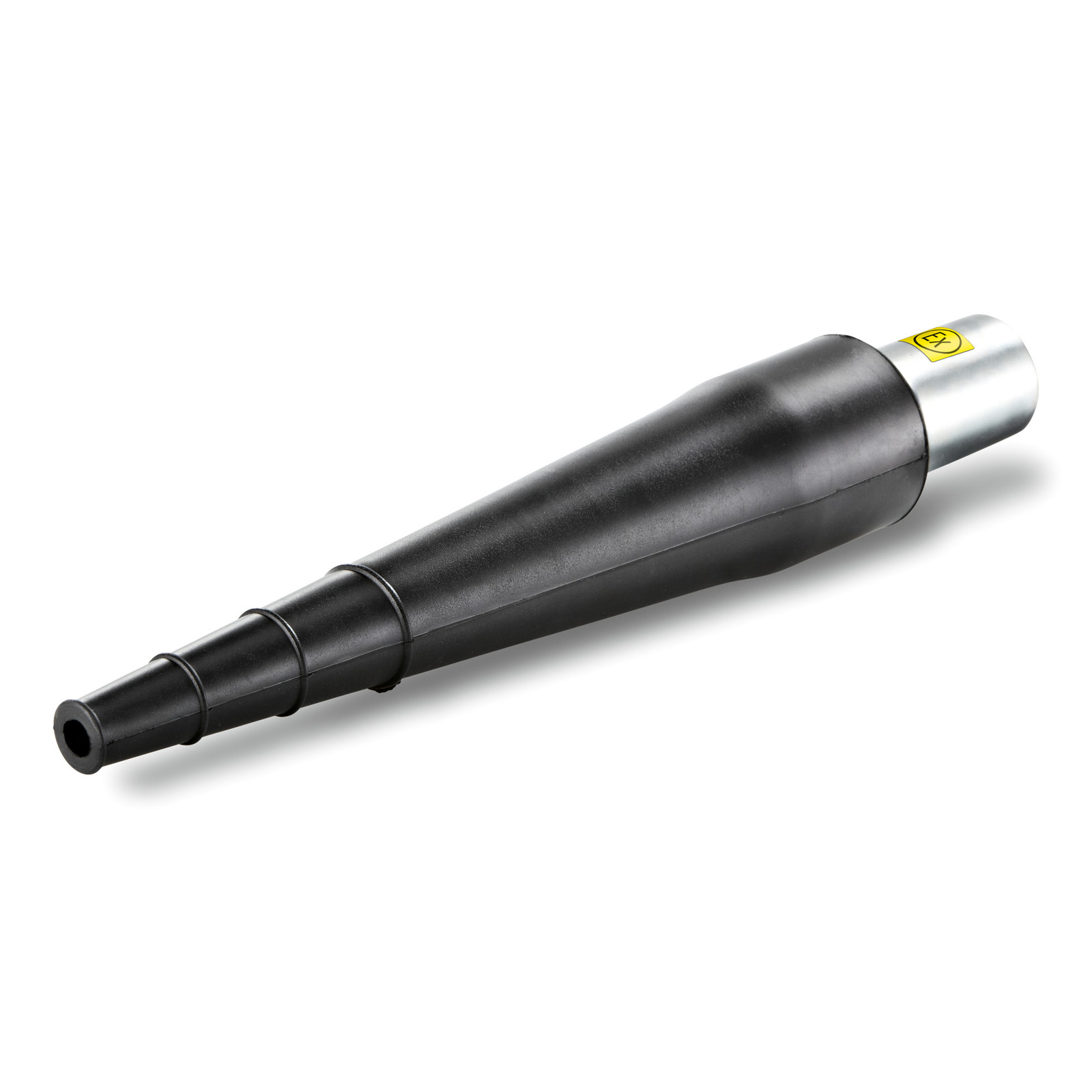 Black Kärcher high-pressure cleaner nozzle with a tapered design and metal connector. Black Kärcher high-pressure cleaner nozzle with a tapered design and metal connector.