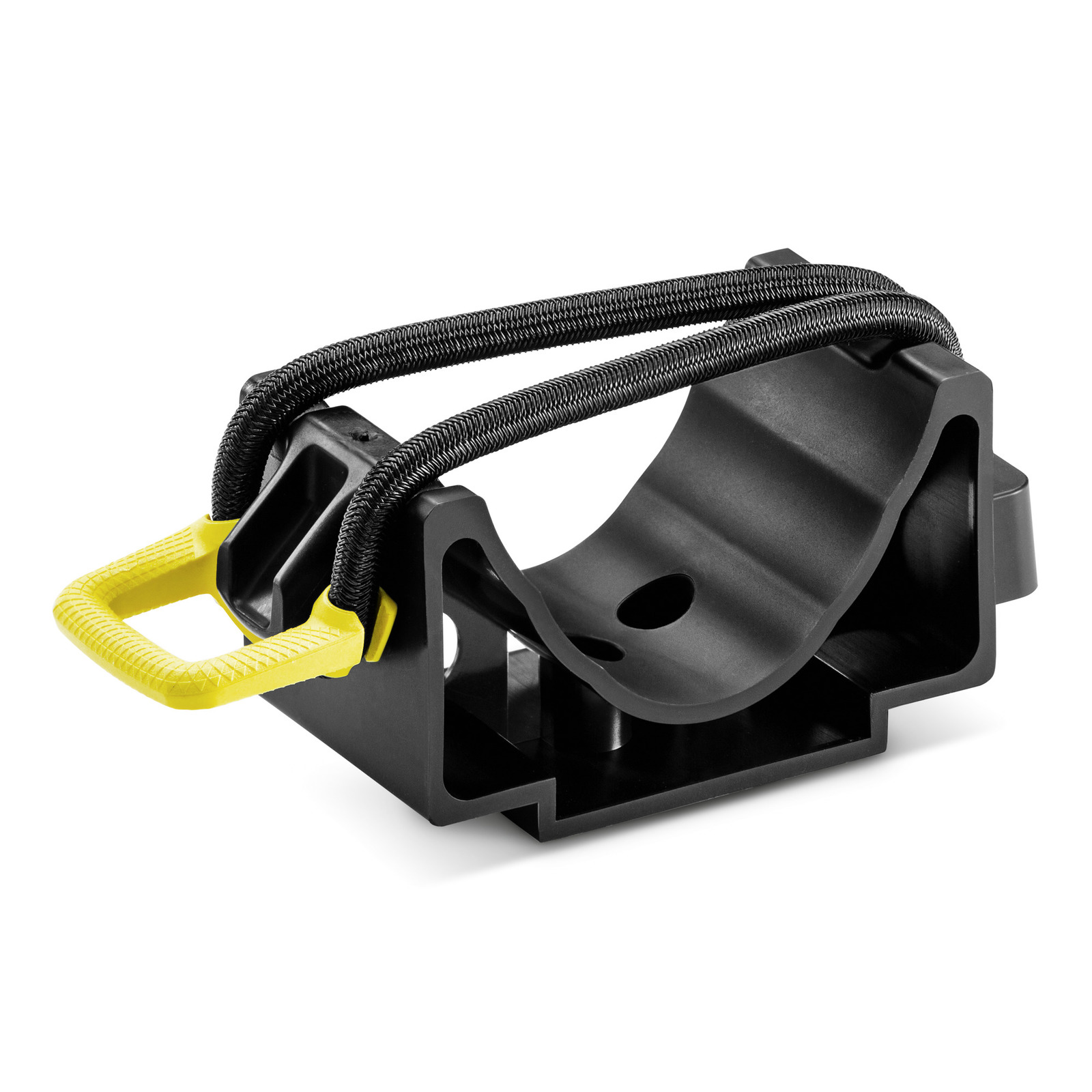 Black Kärcher hose holder with yellow handle and elastic cord, designed for securing hoses. Black Kärcher hose holder with yellow handle and elastic cord, designed for securing hoses.