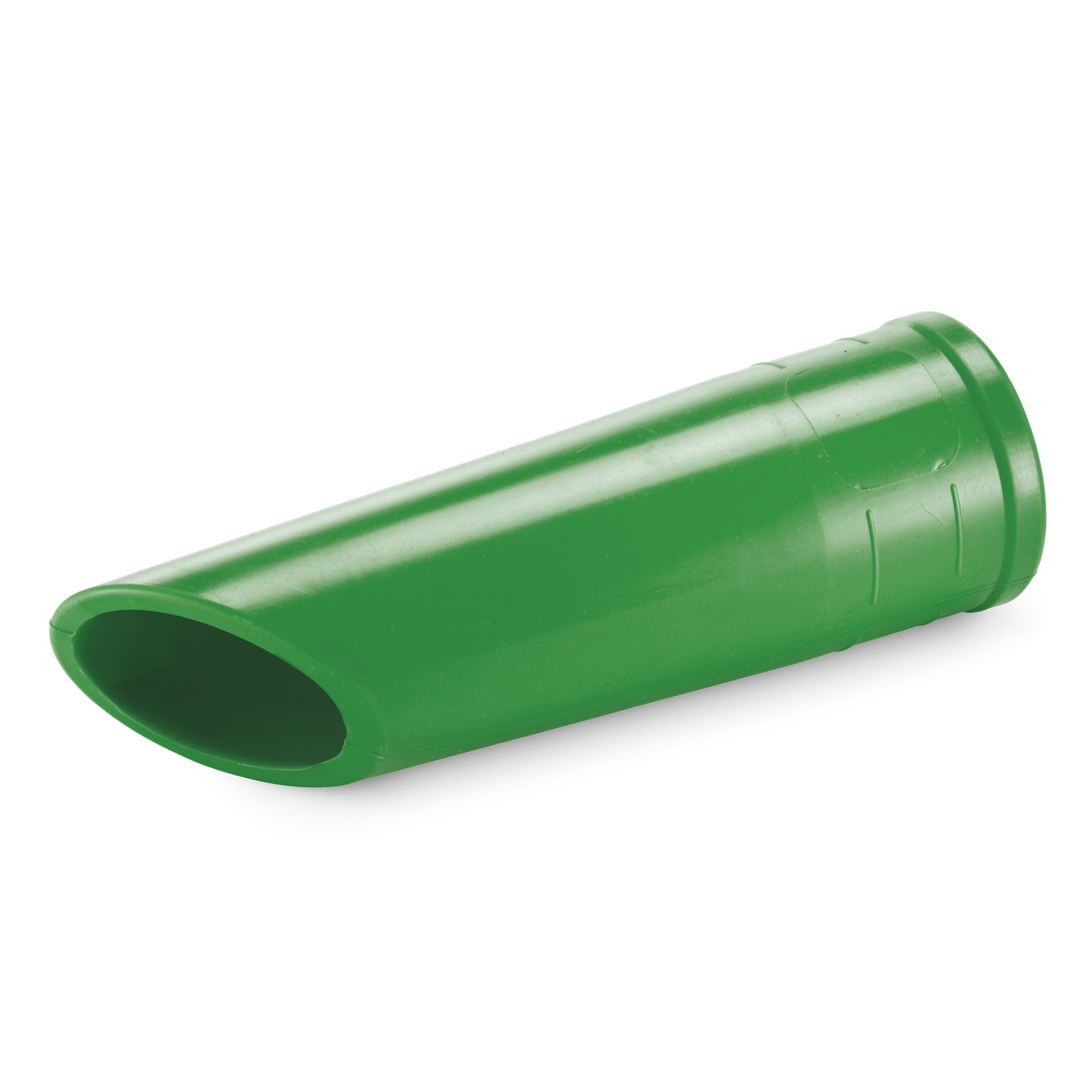 Green plastic nozzle with a tapered shape, lying on a white background. Green plastic nozzle with a tapered shape, lying on a white background.