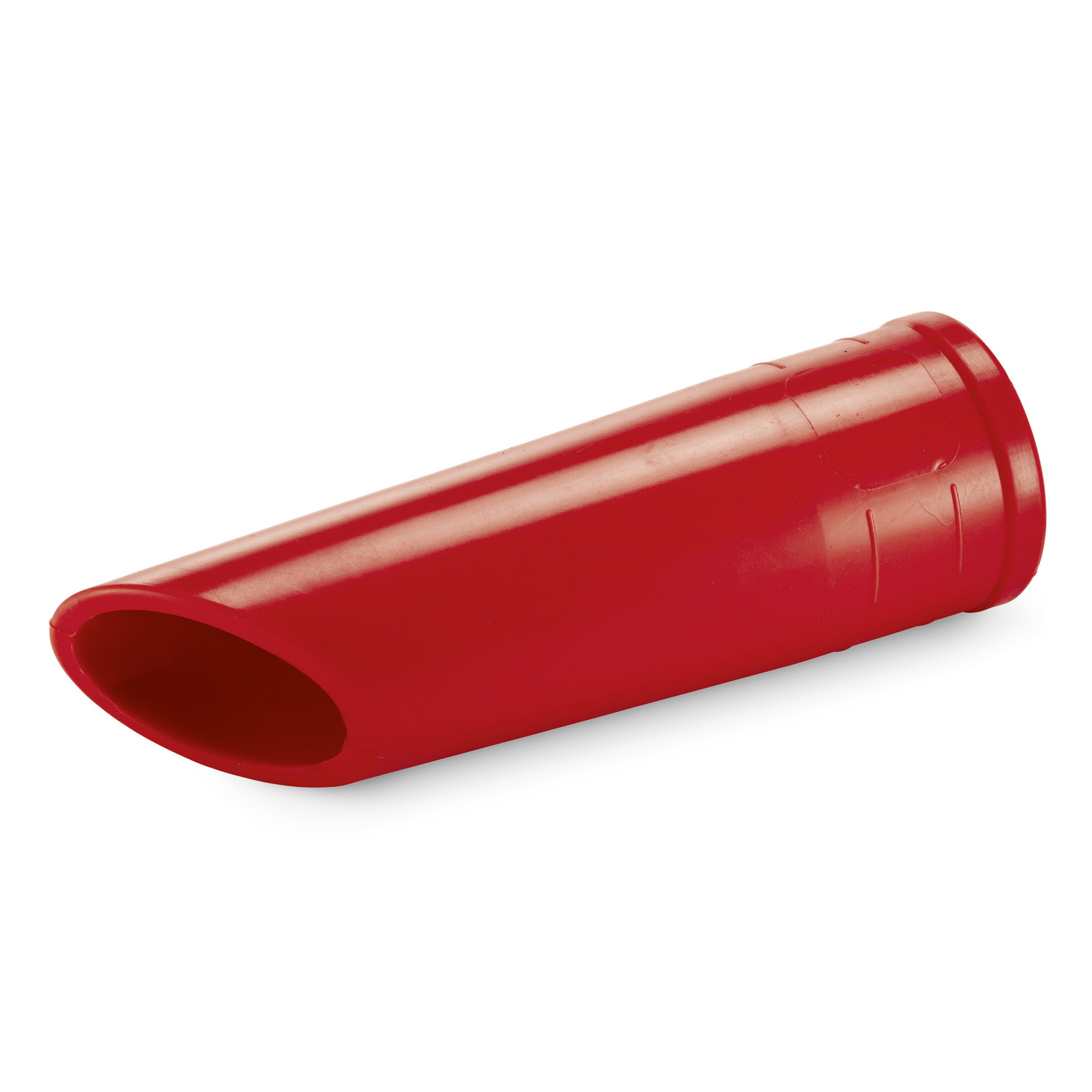 Red plastic nozzle attachment, cylindrical shape with a tapered end, lying on a white background.