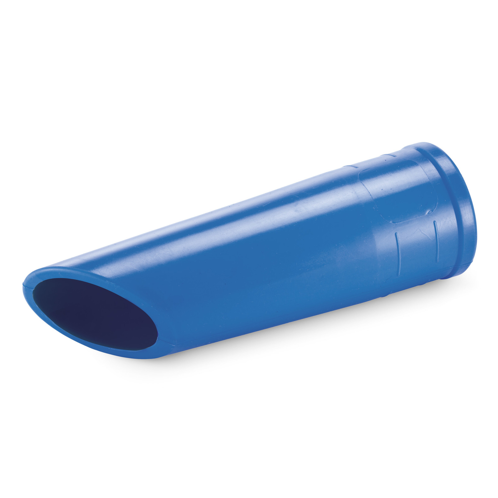 Blue plastic nozzle attachment, cylindrical shape, angled view on a white background. Blue plastic nozzle attachment, cylindrical shape, angled view on a white background.