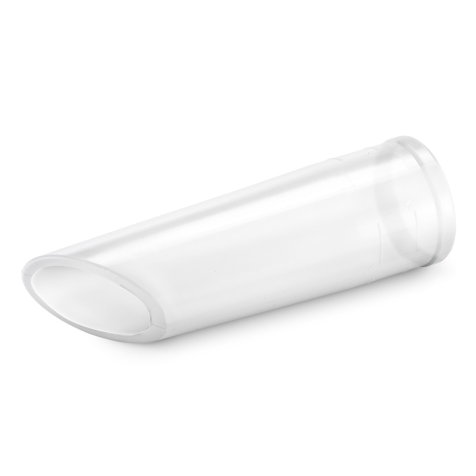 Transparent plastic nozzle attachment on a white background, slightly angled with a smooth surface. Transparent plastic nozzle attachment on a white background, slightly angled with a smooth surface.