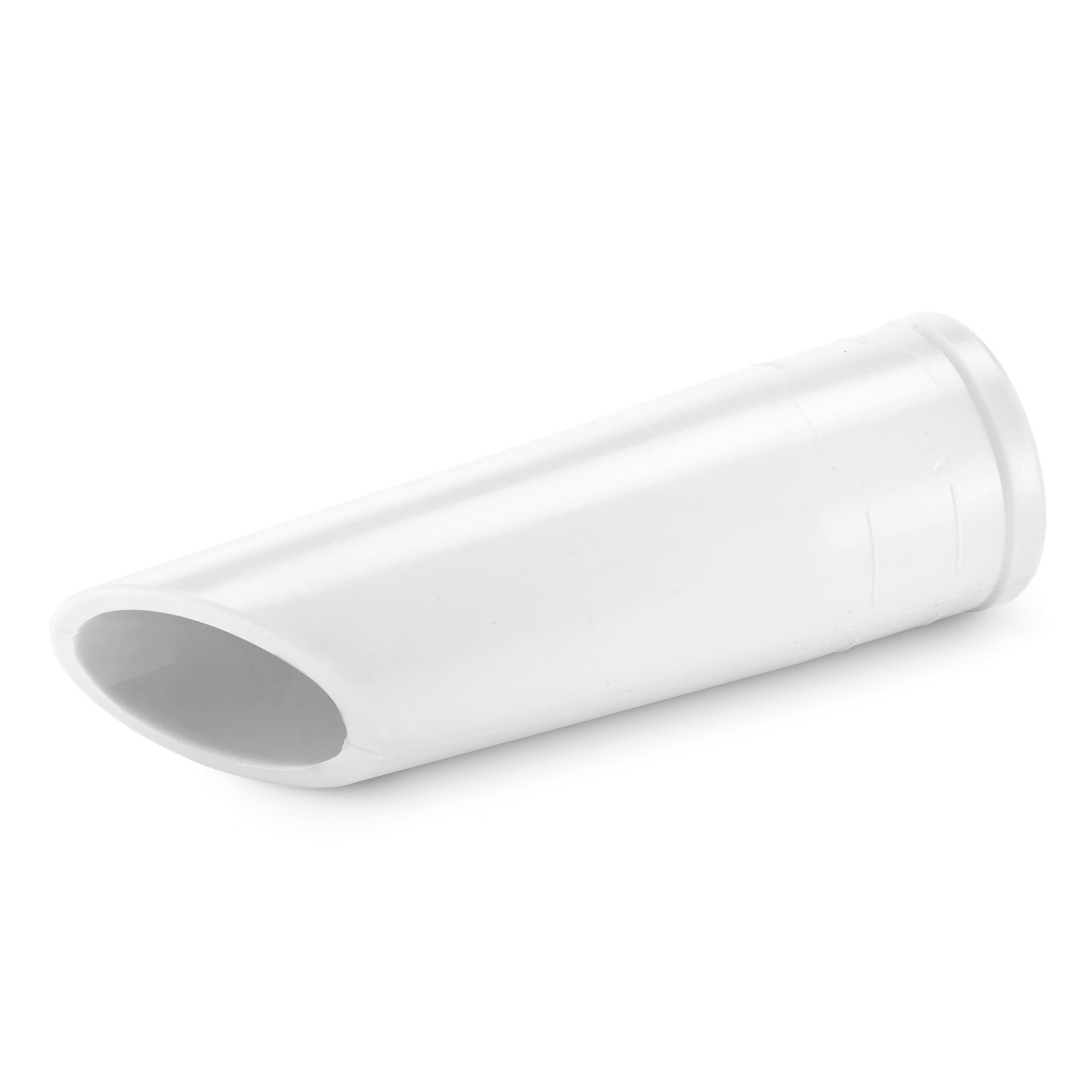White plastic nozzle attachment, cylindrical shape with a tapered end, isolated on a white background. White plastic nozzle attachment, cylindrical shape with a tapered end, isolated on a white background.