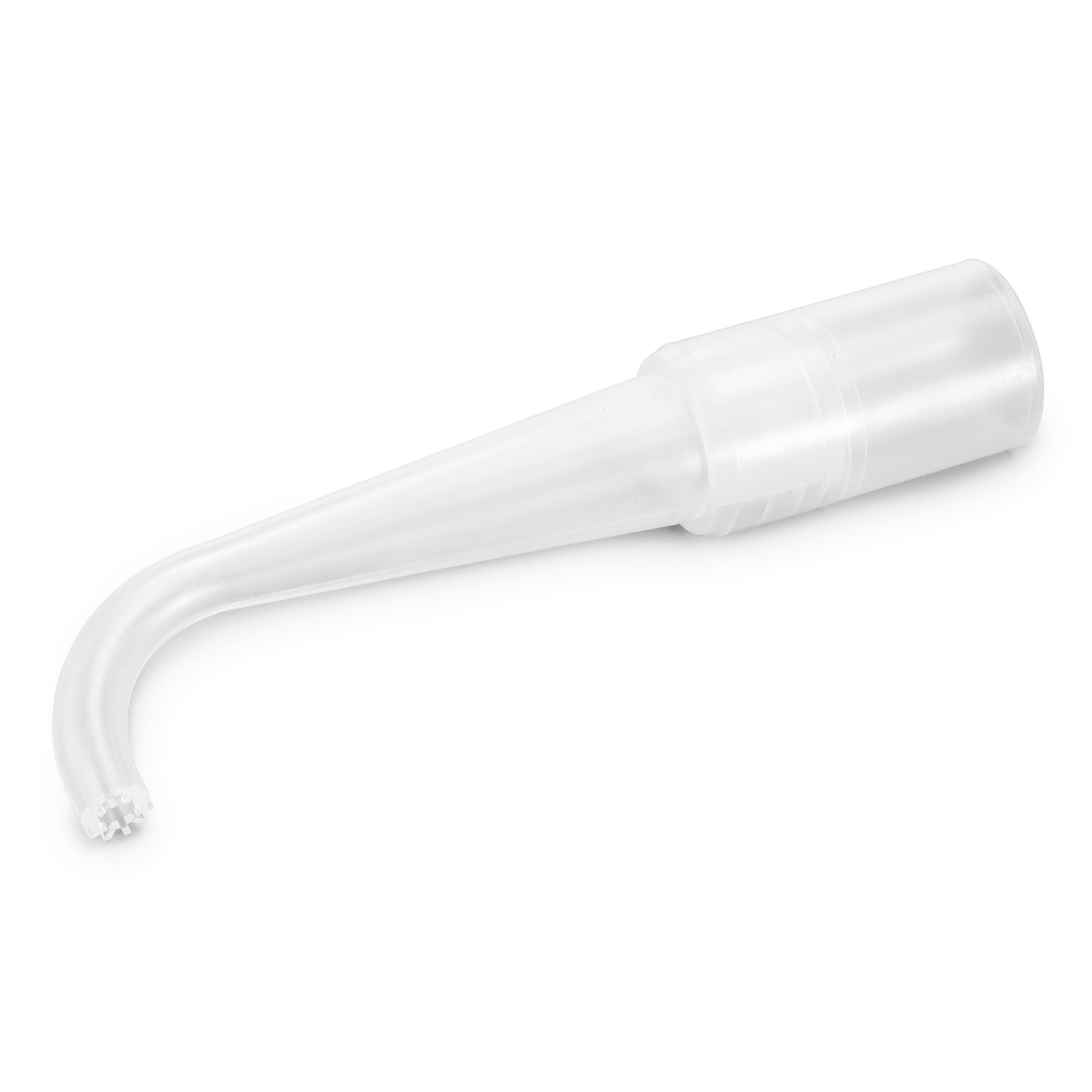 Transparent curved nozzle attachment with ridged tip, designed for precision cleaning tasks.