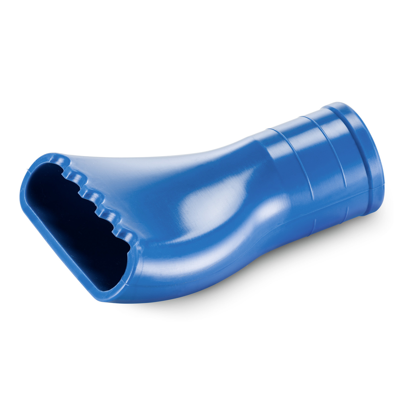 Blue plastic nozzle attachment with a ribbed grip and a rectangular opening, shown on a white background. Blue plastic nozzle attachment with a ribbed grip and a rectangular opening, shown on a white background.