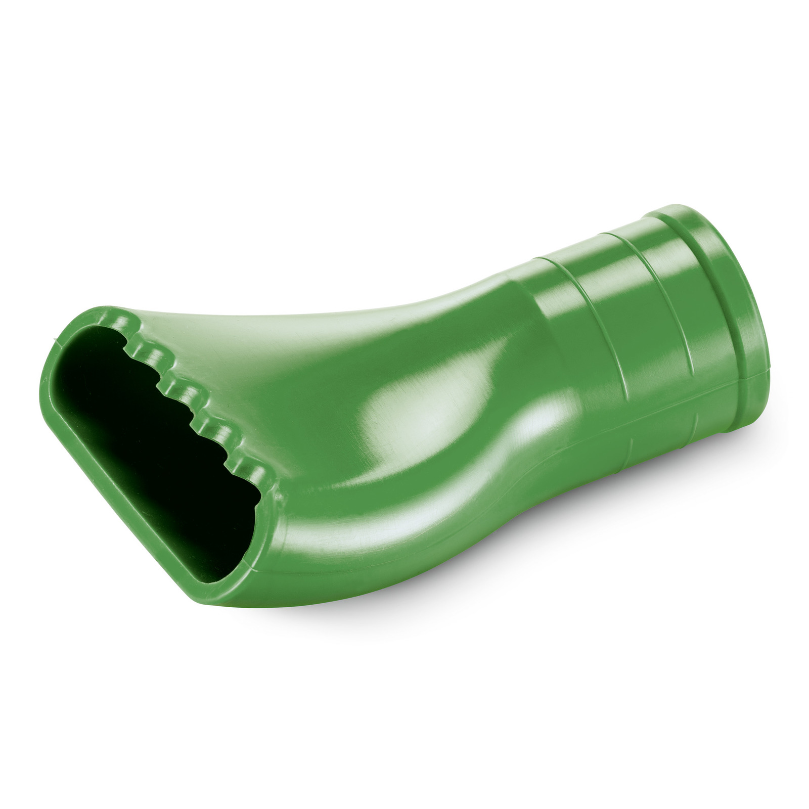 Green plastic nozzle attachment with a ribbed design and a wide, scalloped opening, set against a white background.