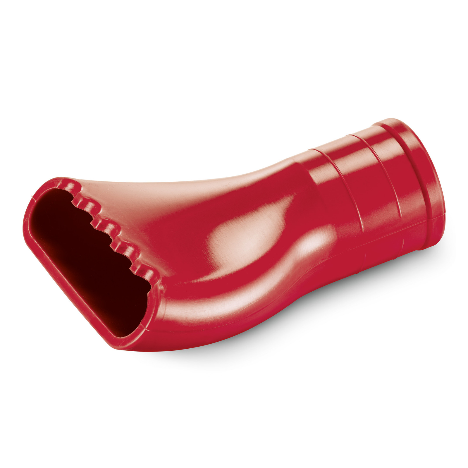 Red plastic nozzle attachment with a ribbed grip and a curved, open end. Red plastic nozzle attachment with a ribbed grip and a curved, open end.