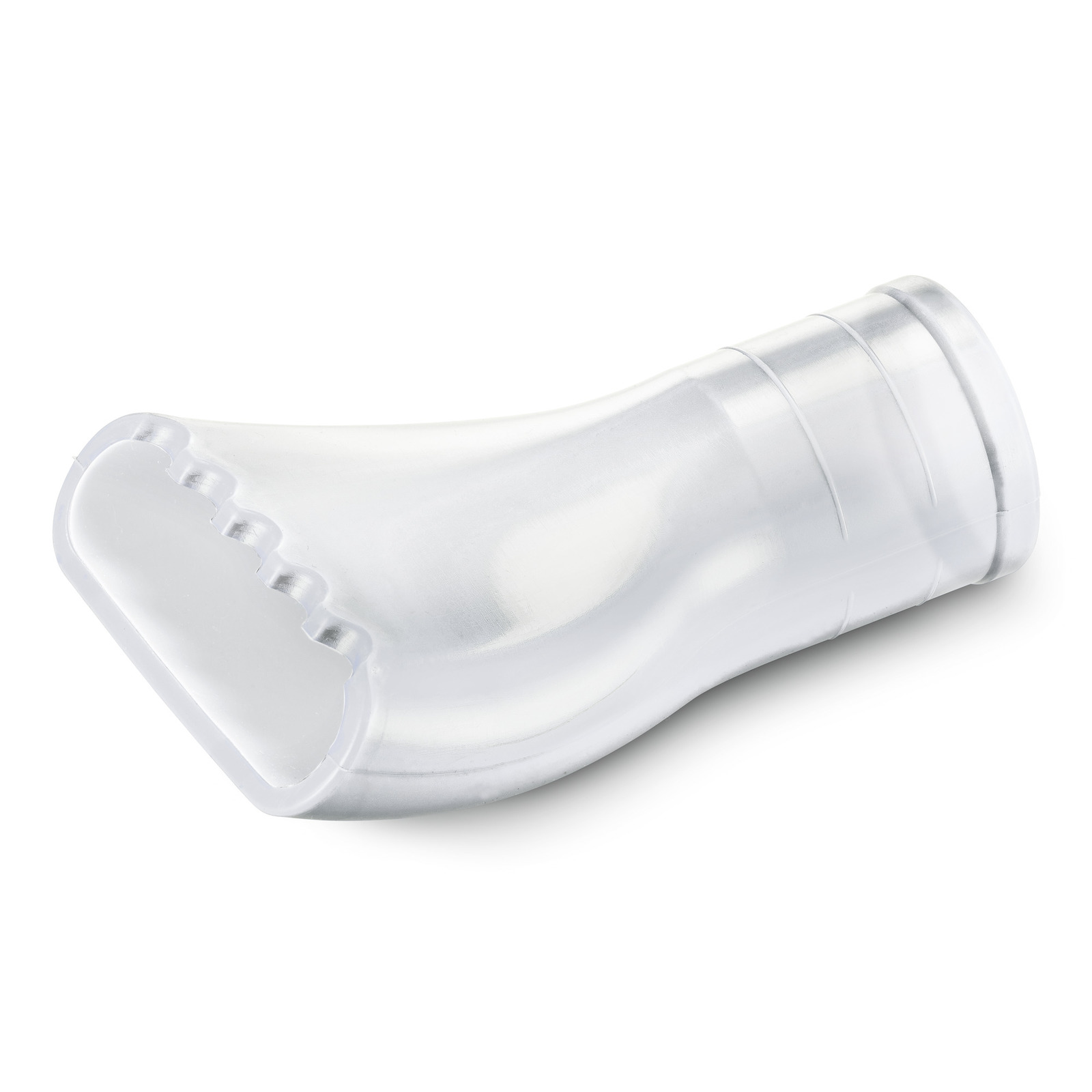 Transparent nozzle attachment with ribbed grip, curved shape, and grooved opening, designed for cleaning equipment.