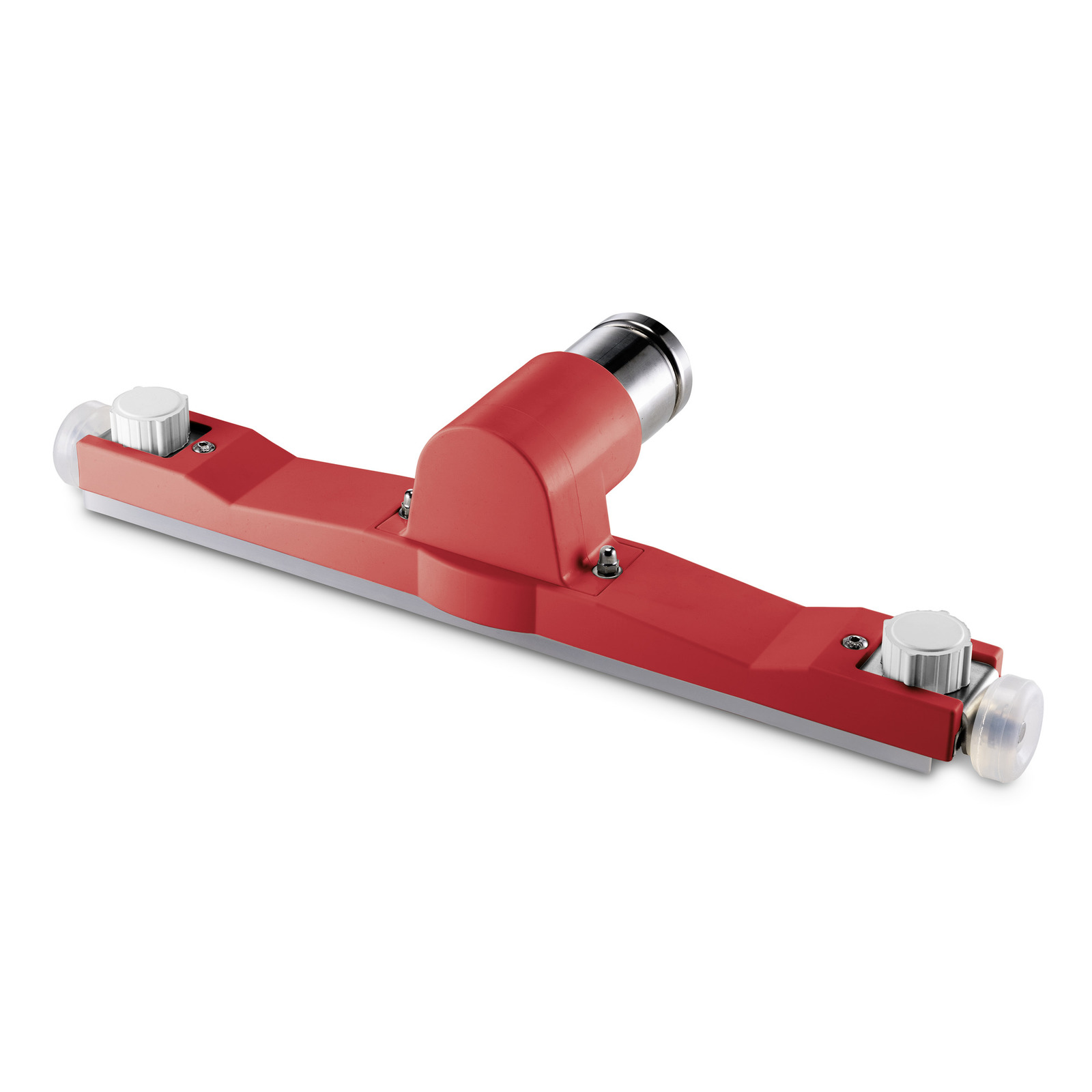 Red floor cleaning tool with a central cylindrical attachment and two white knobs on each end.