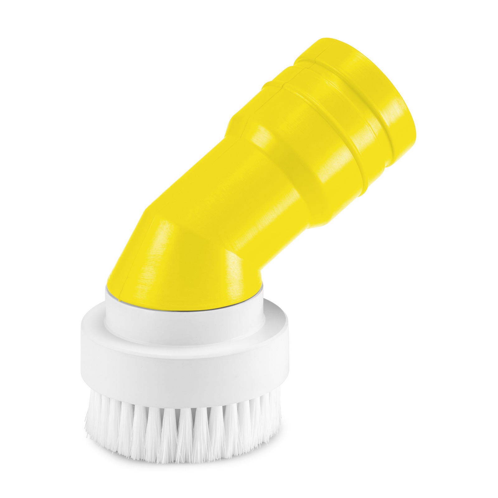 Yellow Kärcher scrub brush attachment with white bristles, angled design against a white background.