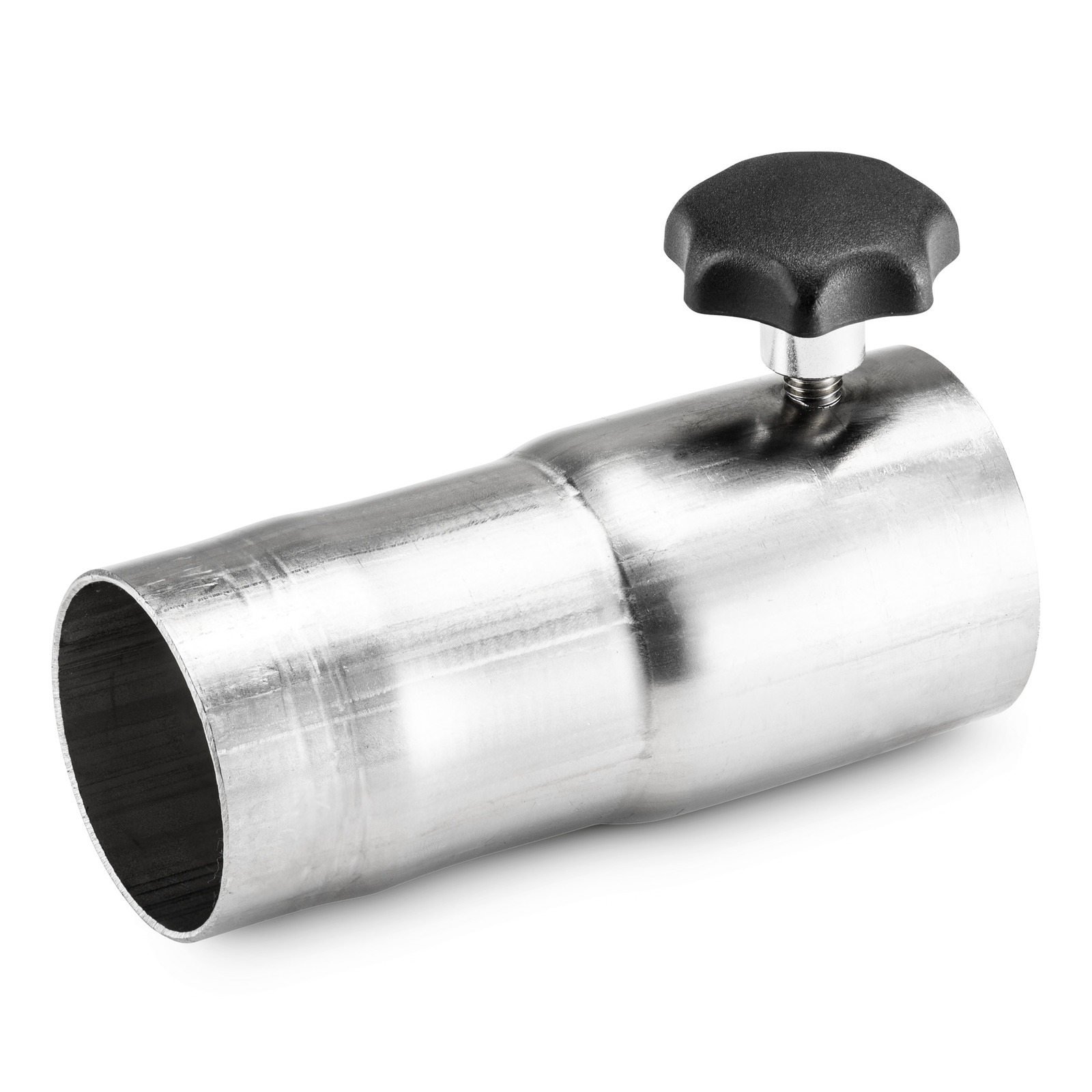 Metal pipe connector with a black star-shaped knob on top, isolated on a white background.