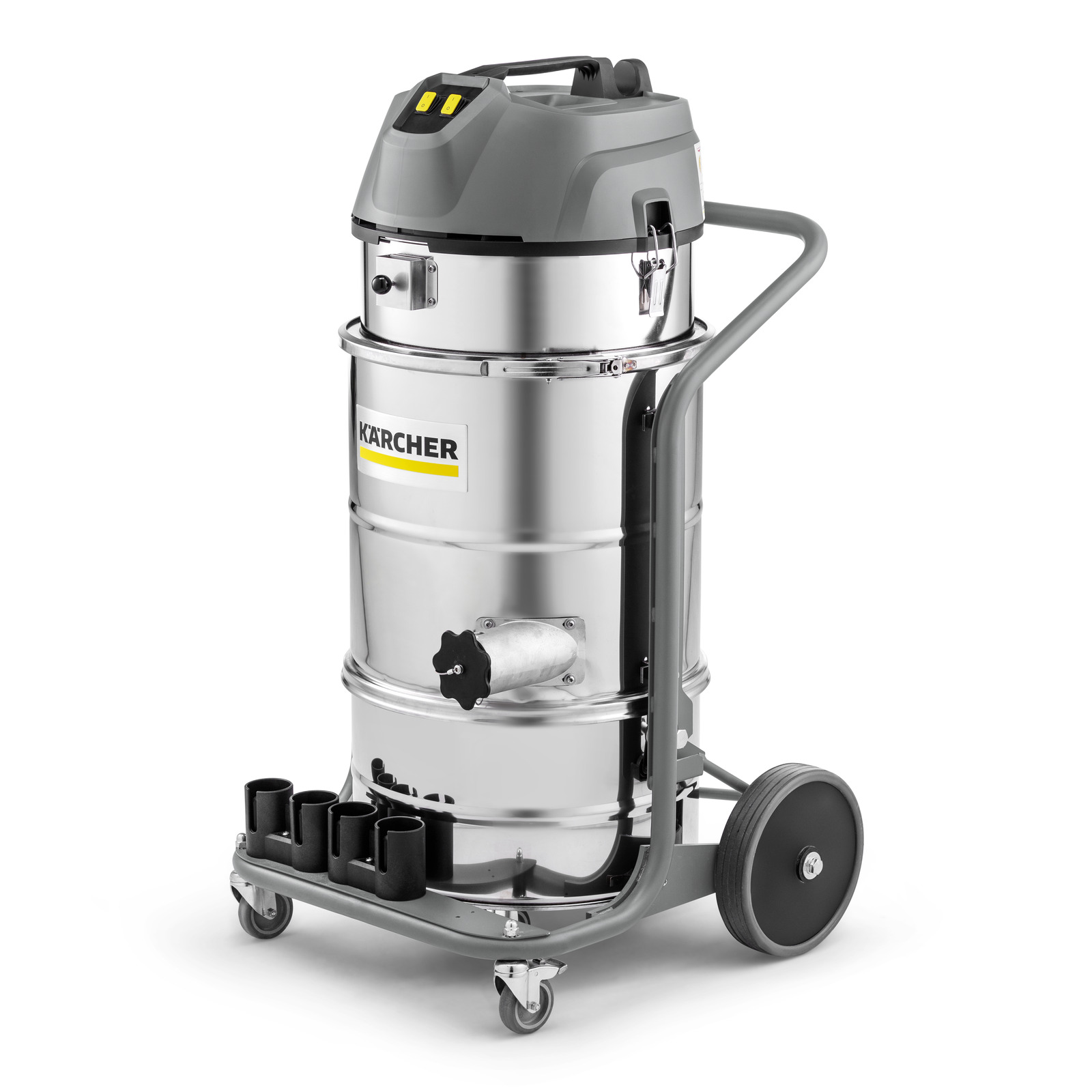Kärcher industrial vacuum cleaner with stainless steel body, mounted on wheels, featuring multiple hose holders. Kärcher industrial vacuum cleaner with stainless steel body, mounted on wheels, featuring multiple hose holders.