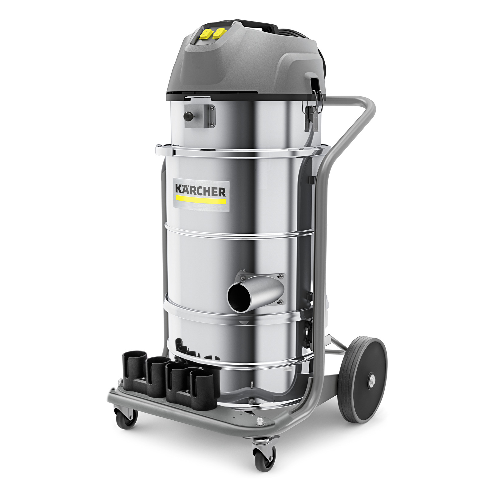 Kärcher industrial vacuum cleaner with a stainless steel body, mounted on wheels, featuring a handle and accessory holders. Kärcher industrial vacuum cleaner with a stainless steel body, mounted on wheels, featuring a handle and accessory holders.