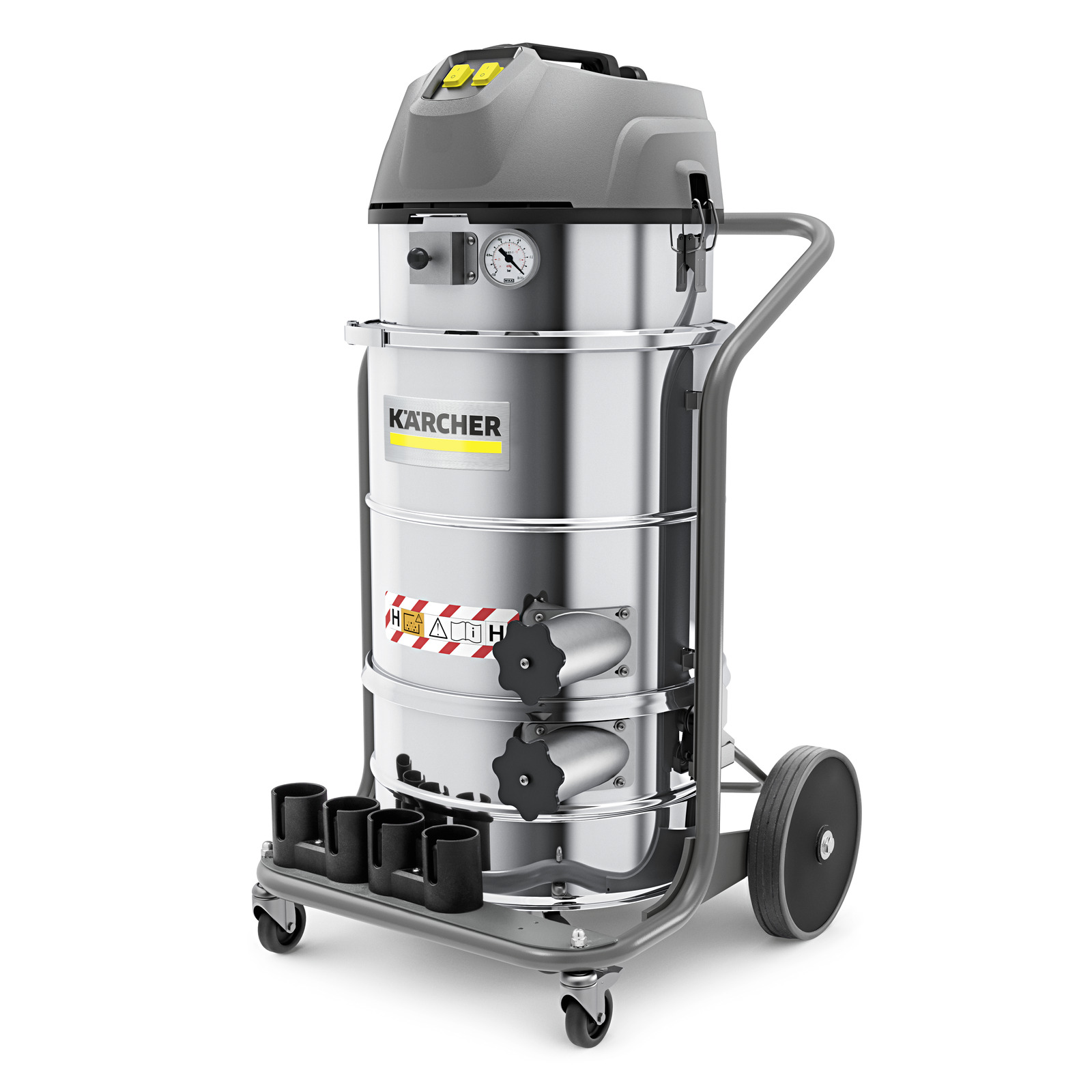 Kärcher industrial vacuum cleaner with a grey top, pressure gauge, and wheels, designed for heavy-duty cleaning tasks. Kärcher industrial vacuum cleaner with a grey top, pressure gauge, and wheels, designed for heavy-duty cleaning tasks.