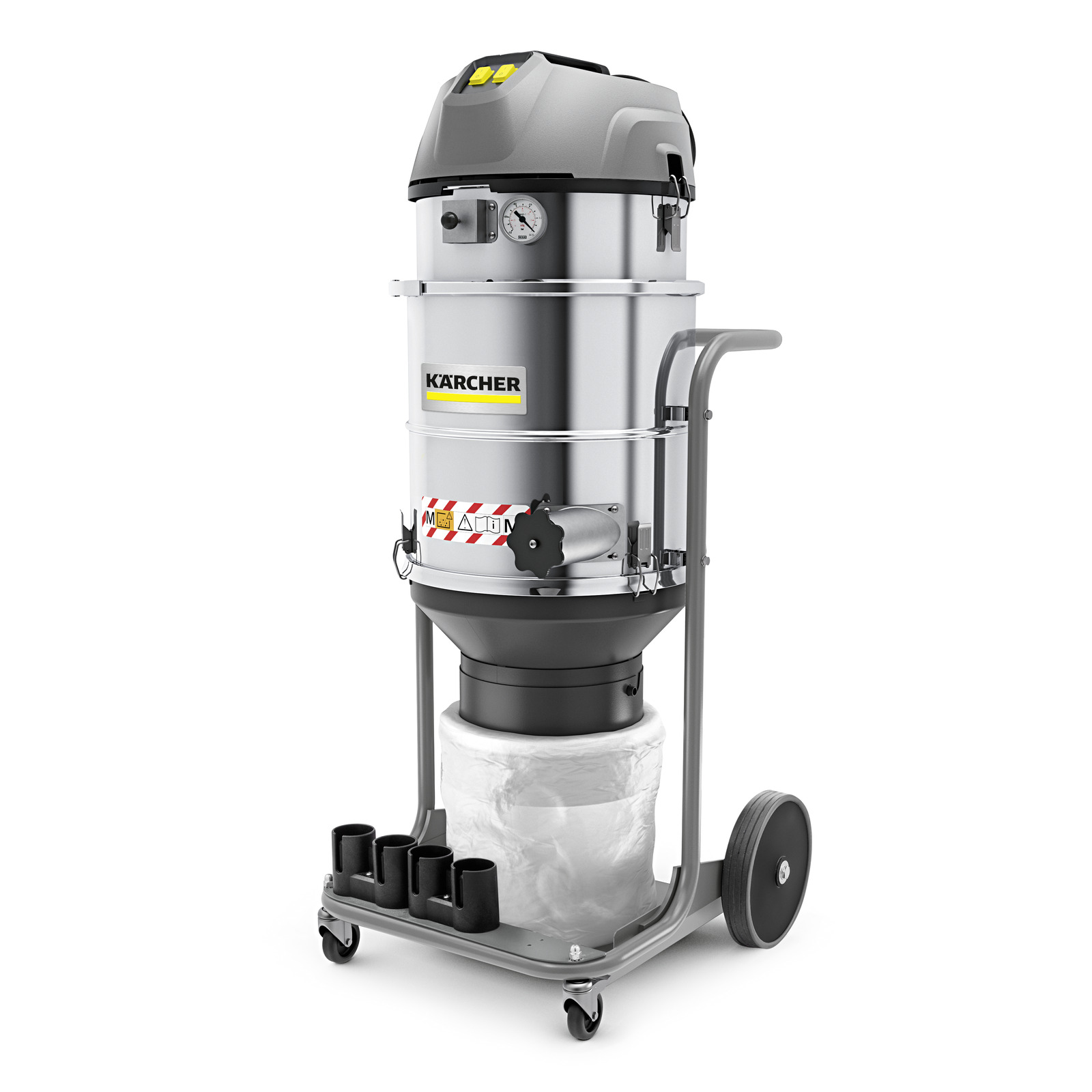 Kärcher industrial vacuum cleaner on wheels with a grey cylindrical body and black base, featuring multiple attachments. Kärcher industrial vacuum cleaner on wheels with a grey cylindrical body and black base, featuring multiple attachments.