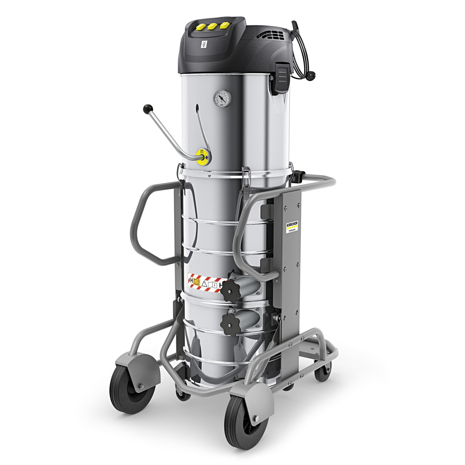 Kärcher industrial vacuum cleaner with a cylindrical metal body, control panel, and wheels for mobility. Kärcher industrial vacuum cleaner with a cylindrical metal body, control panel, and wheels for mobility.