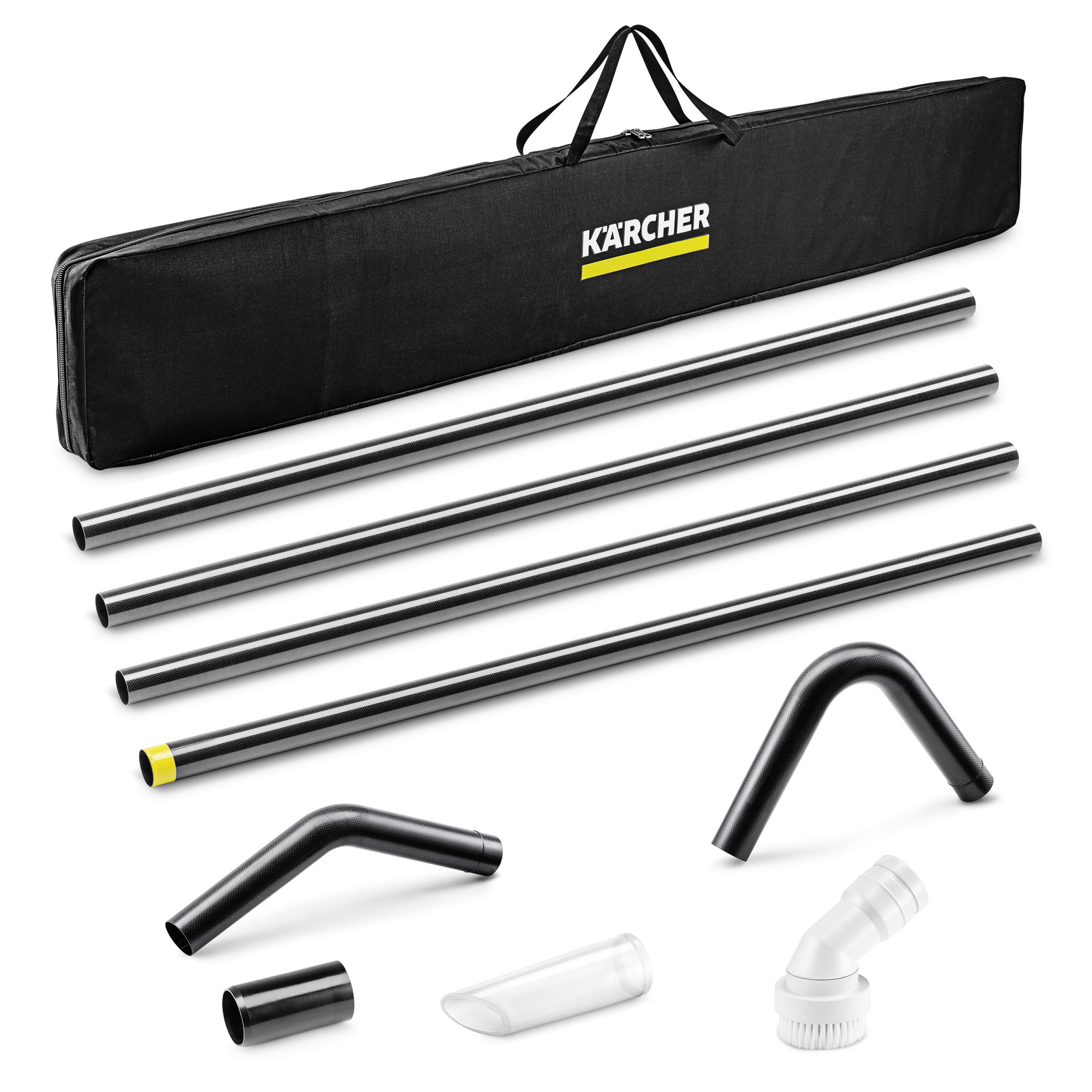 Kärcher accessory kit with four black extension tubes, two angled nozzles, a white brush attachment, and a black carrying case. Kärcher accessory kit with four black extension tubes, two angled nozzles, a white brush attachment, and a black carrying case.