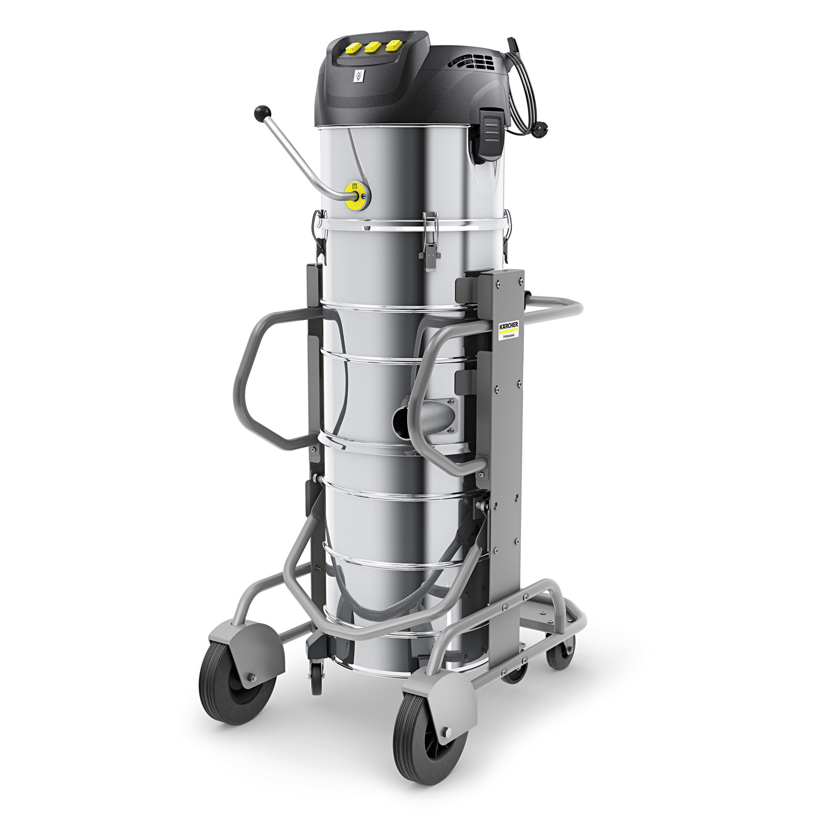 Kärcher industrial vacuum cleaner with metal body, large wheels, and control panel on top. Kärcher industrial vacuum cleaner with metal body, large wheels, and control panel on top.