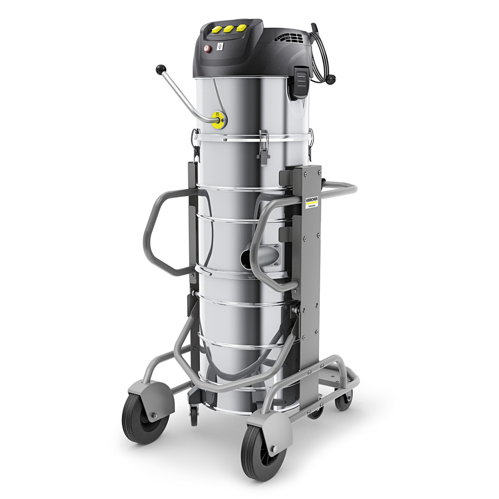 Kärcher industrial vacuum cleaner with metal body, black top, control buttons, and wheels for mobility. Kärcher industrial vacuum cleaner with metal body, black top, control buttons, and wheels for mobility.