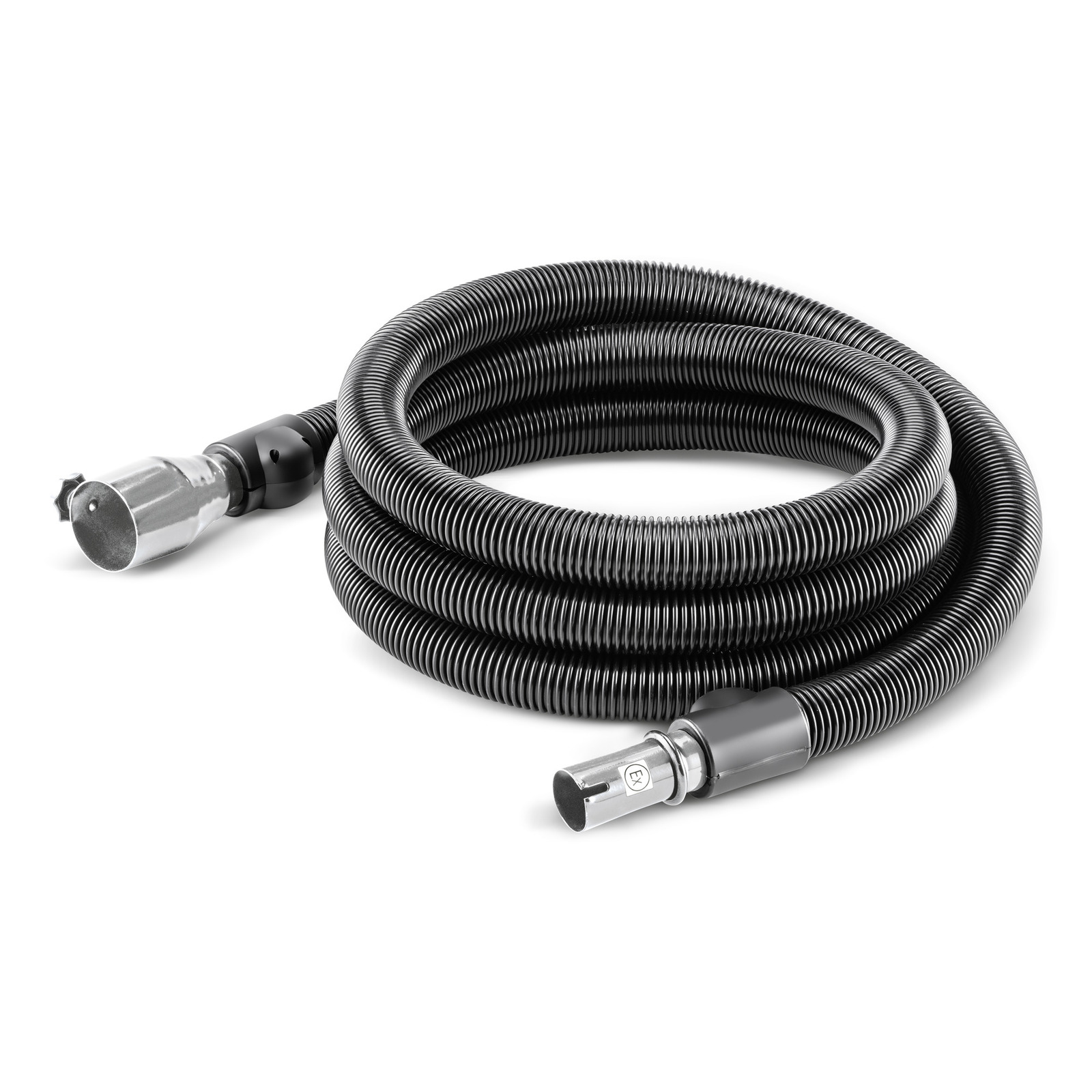 Coiled black Kärcher vacuum hose with metal connectors on both ends, isolated on a white background.
