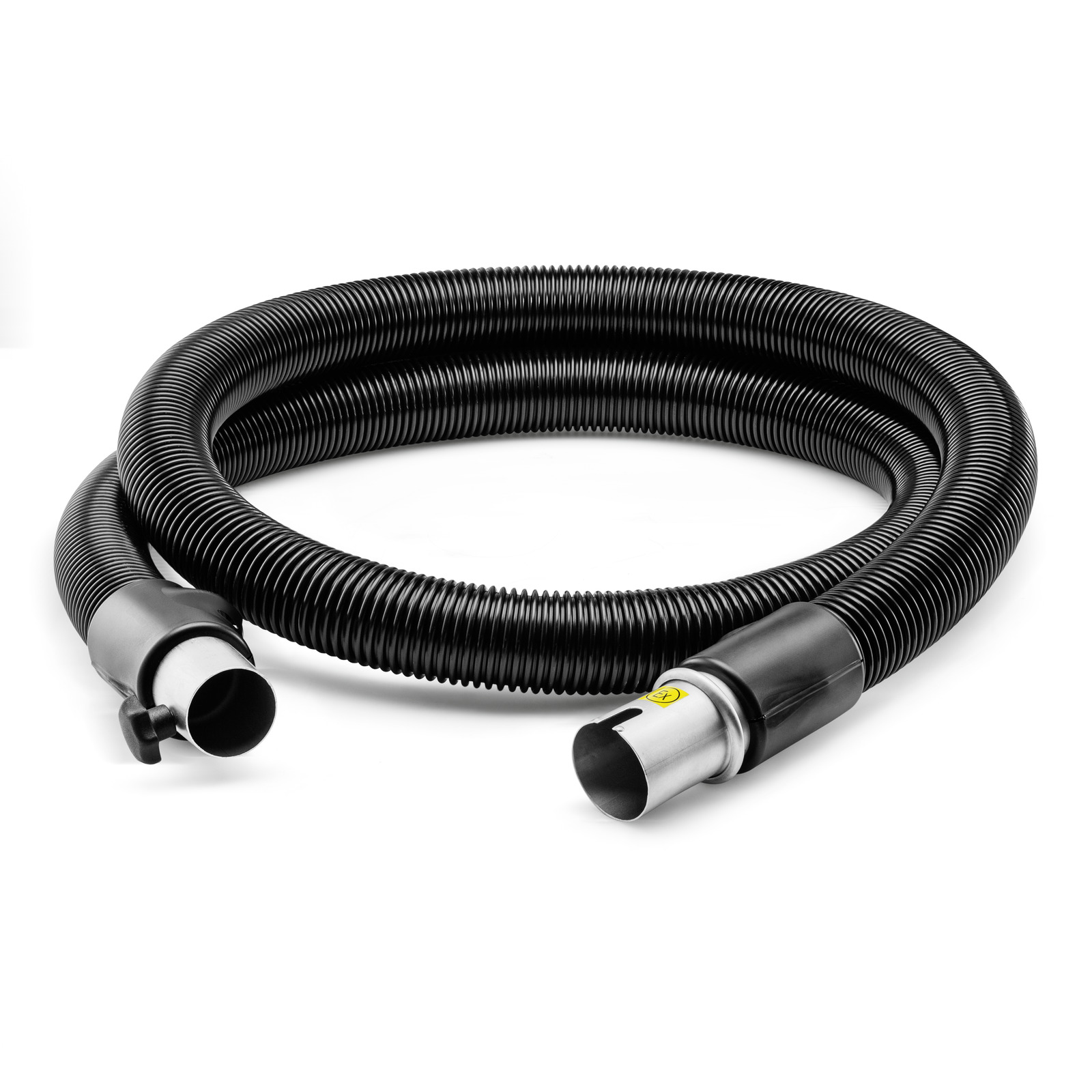 Black Kärcher vacuum hose coiled on a white background, featuring metal connectors at both ends.