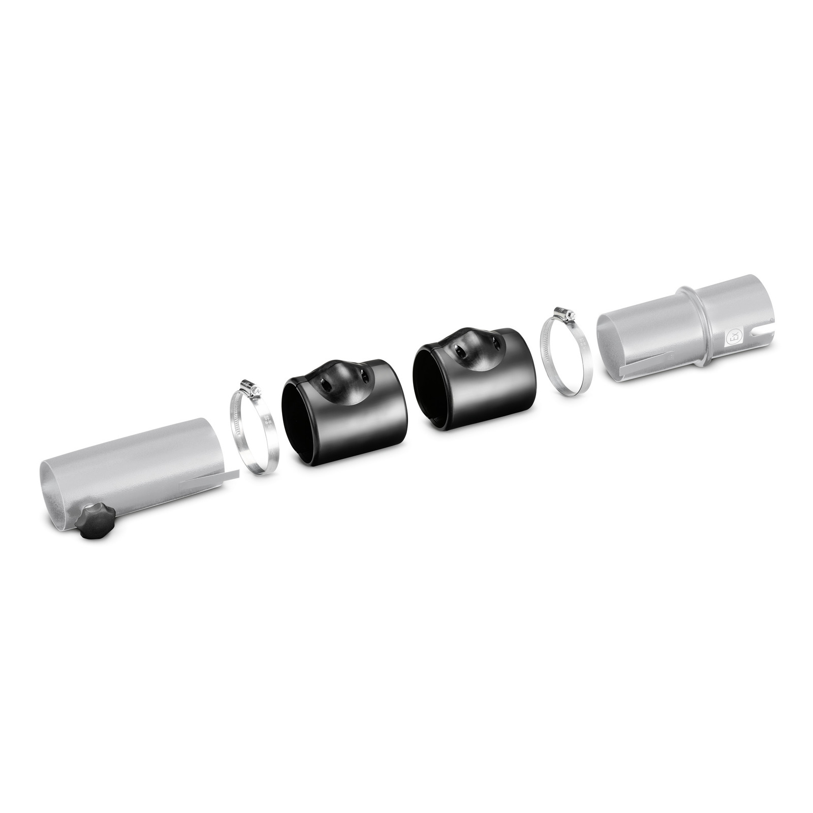 Two black connectors, two silver clamps, and two silver tubes arranged in a line on a white background.