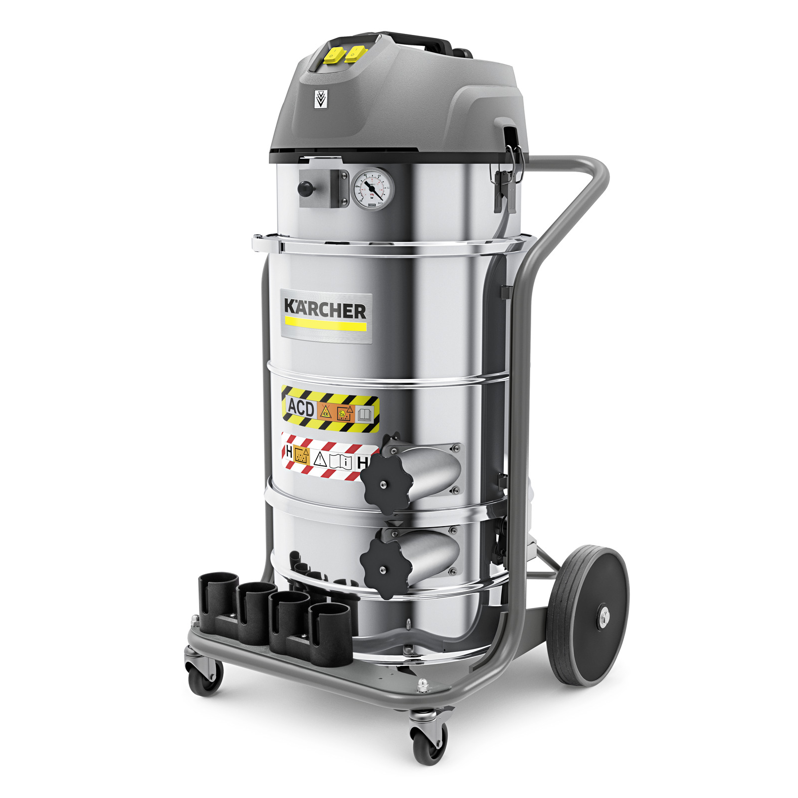 Kärcher industrial vacuum cleaner with a silver cylindrical body, gauge, and wheels, designed for heavy-duty cleaning tasks. Kärcher industrial vacuum cleaner with a silver cylindrical body, gauge, and wheels, designed for heavy-duty cleaning tasks.