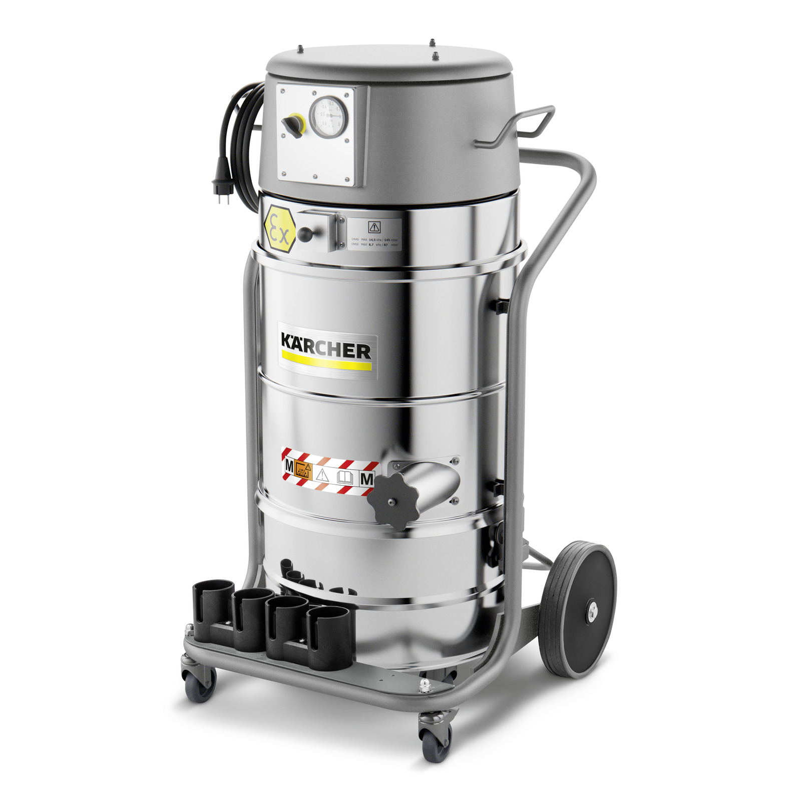 Kärcher industrial vacuum cleaner with a stainless steel body, pressure gauge, and wheels for mobility. Kärcher industrial vacuum cleaner with a stainless steel body, pressure gauge, and wheels for mobility.