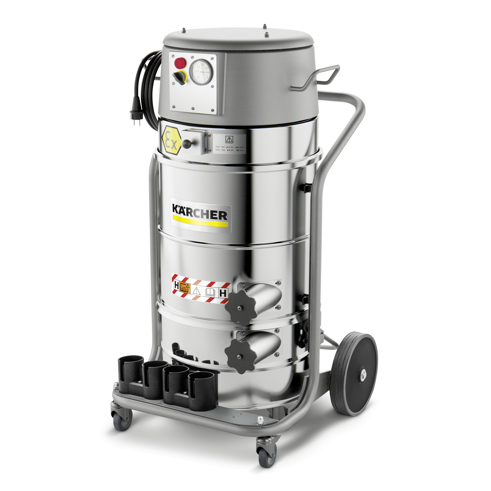 Kärcher industrial vacuum cleaner with a stainless steel body, pressure gauge, and wheels for mobility. Kärcher industrial vacuum cleaner with a stainless steel body, pressure gauge, and wheels for mobility.