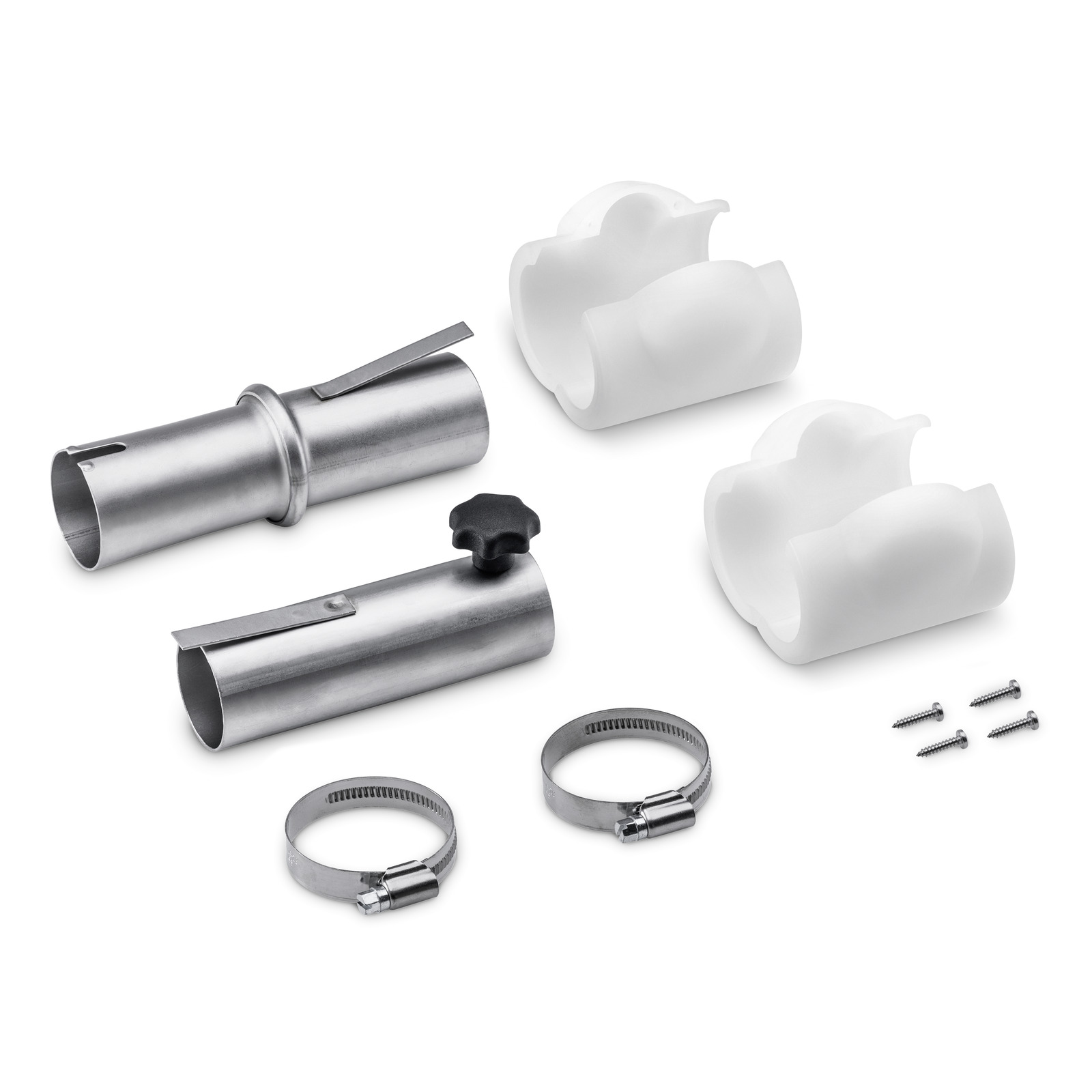 Kärcher pipe cleaning kit with metal connectors, white plastic holders, hose clamps, and screws on a white background. Kärcher pipe cleaning kit with metal connectors, white plastic holders, hose clamps, and screws on a white background.