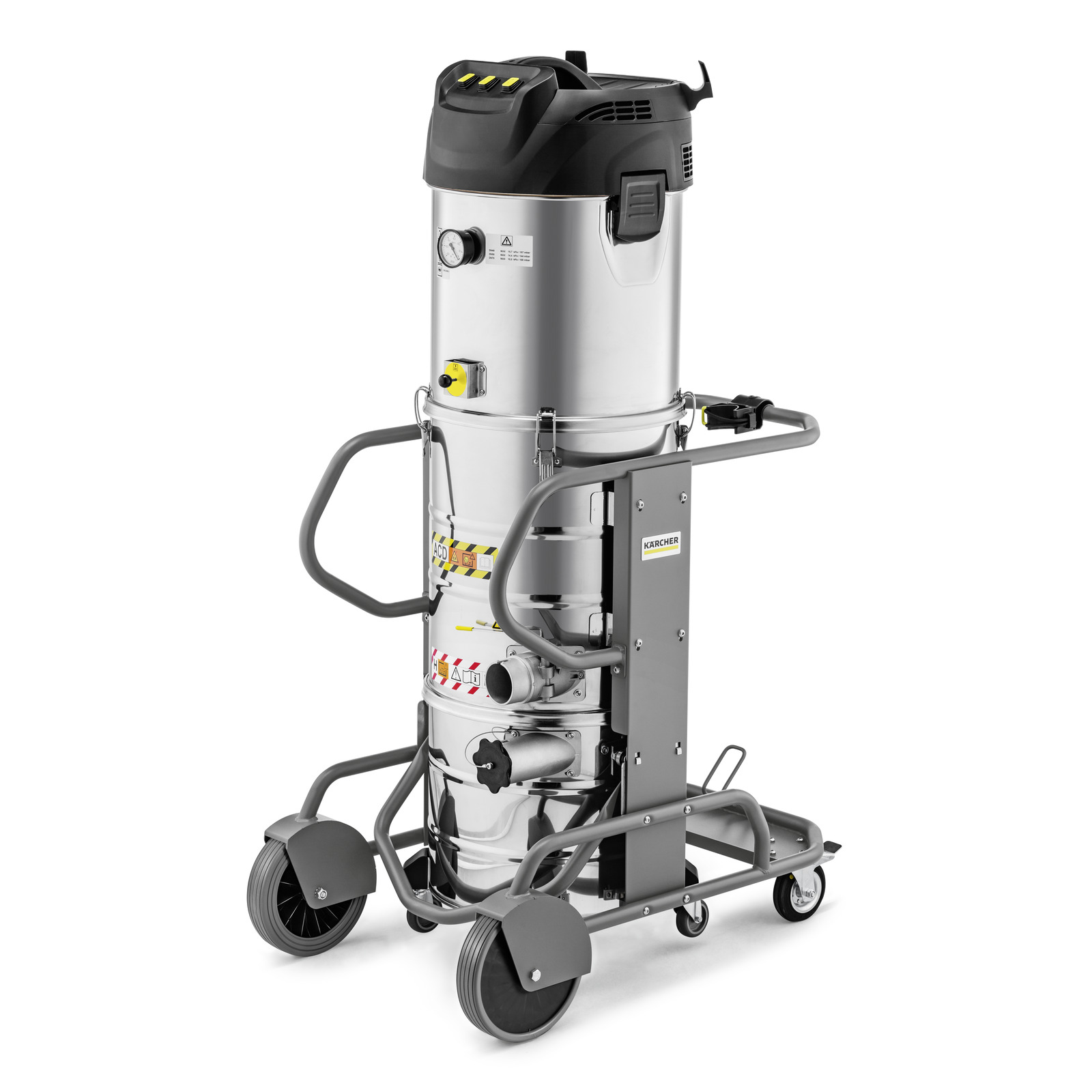 Kärcher industrial vacuum cleaner with a silver cylindrical body, black top, and wheels for mobility.