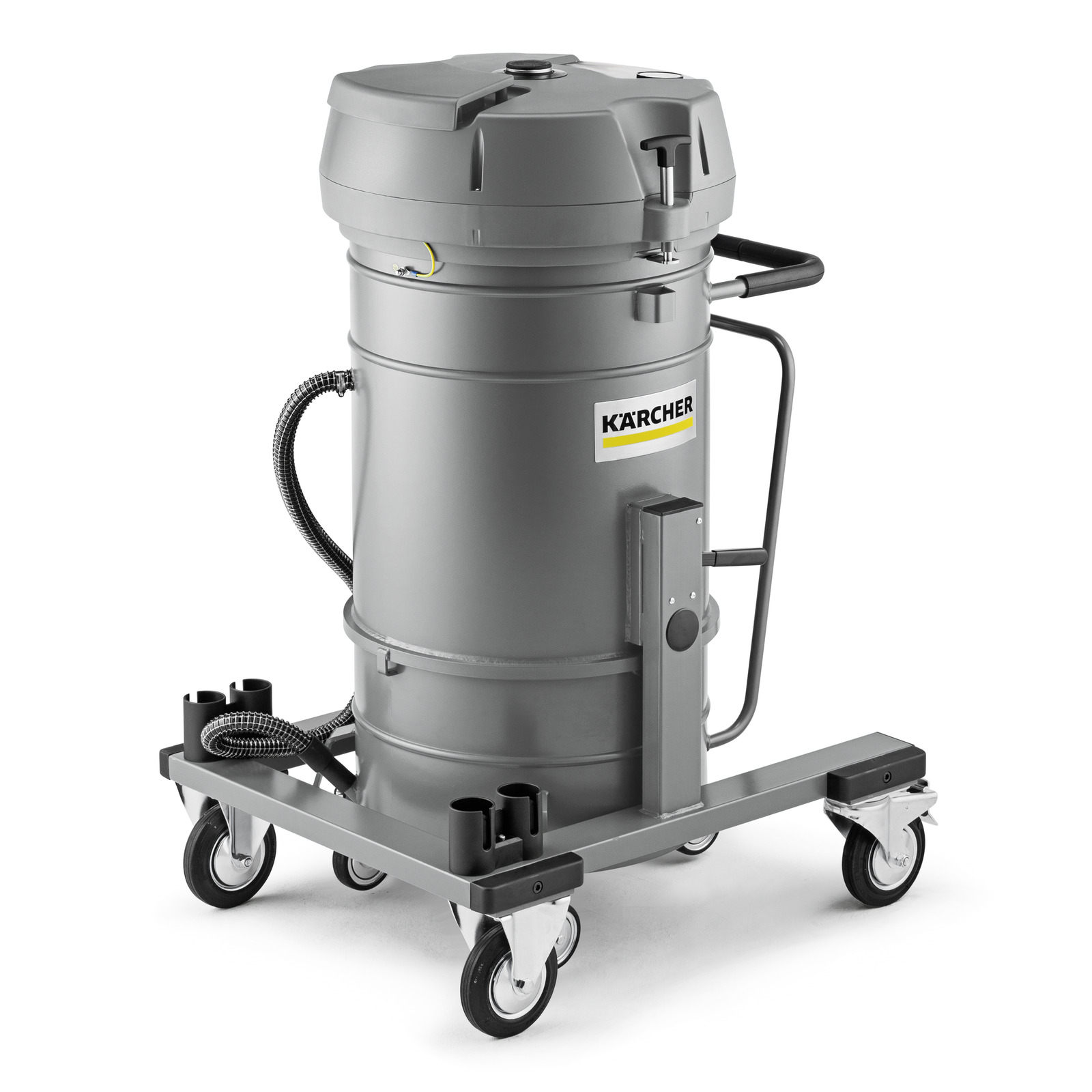 Kärcher industrial vacuum cleaner on wheels, grey cylindrical body with handle and hose attachments.