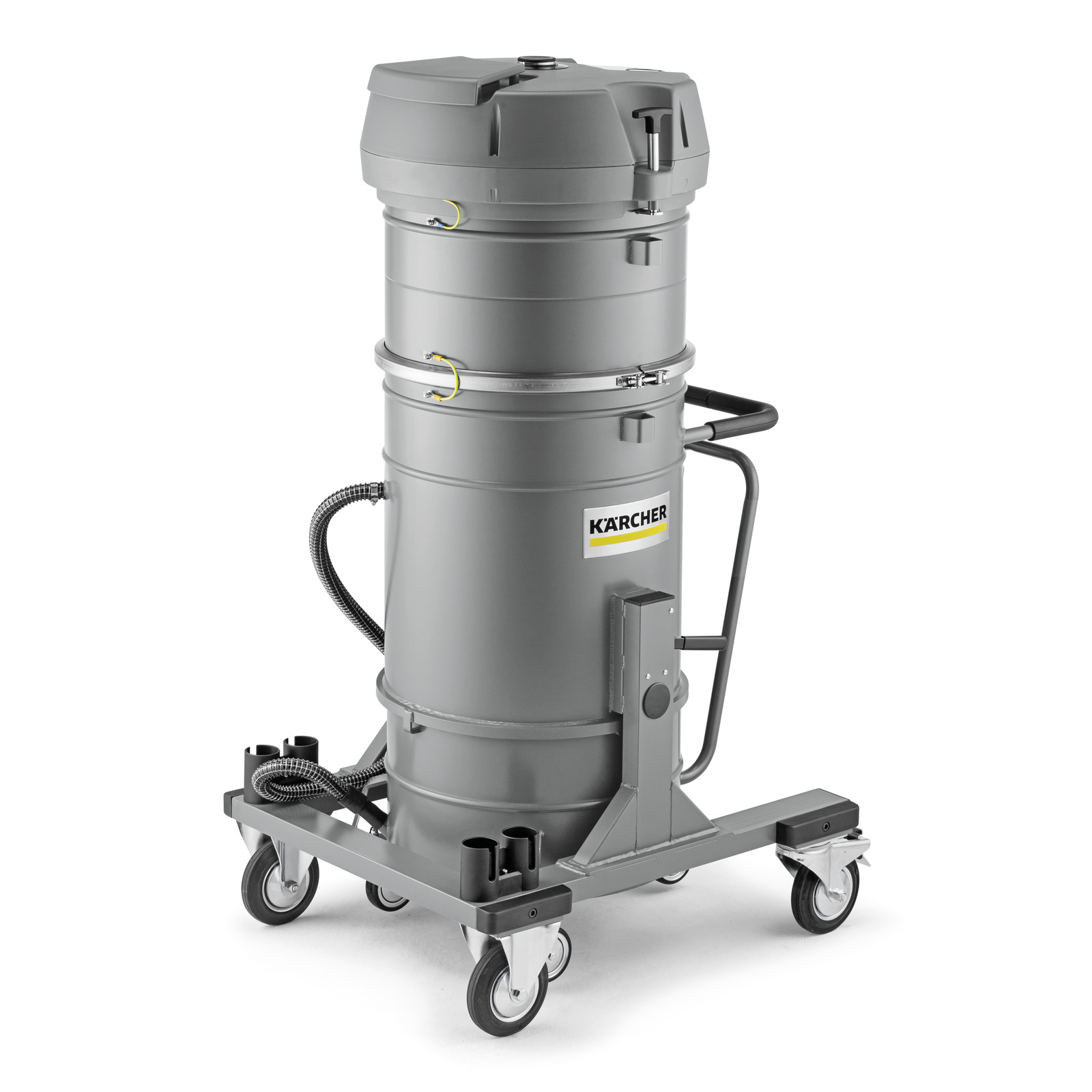 Kärcher industrial vacuum cleaner with grey cylindrical body and wheeled base.