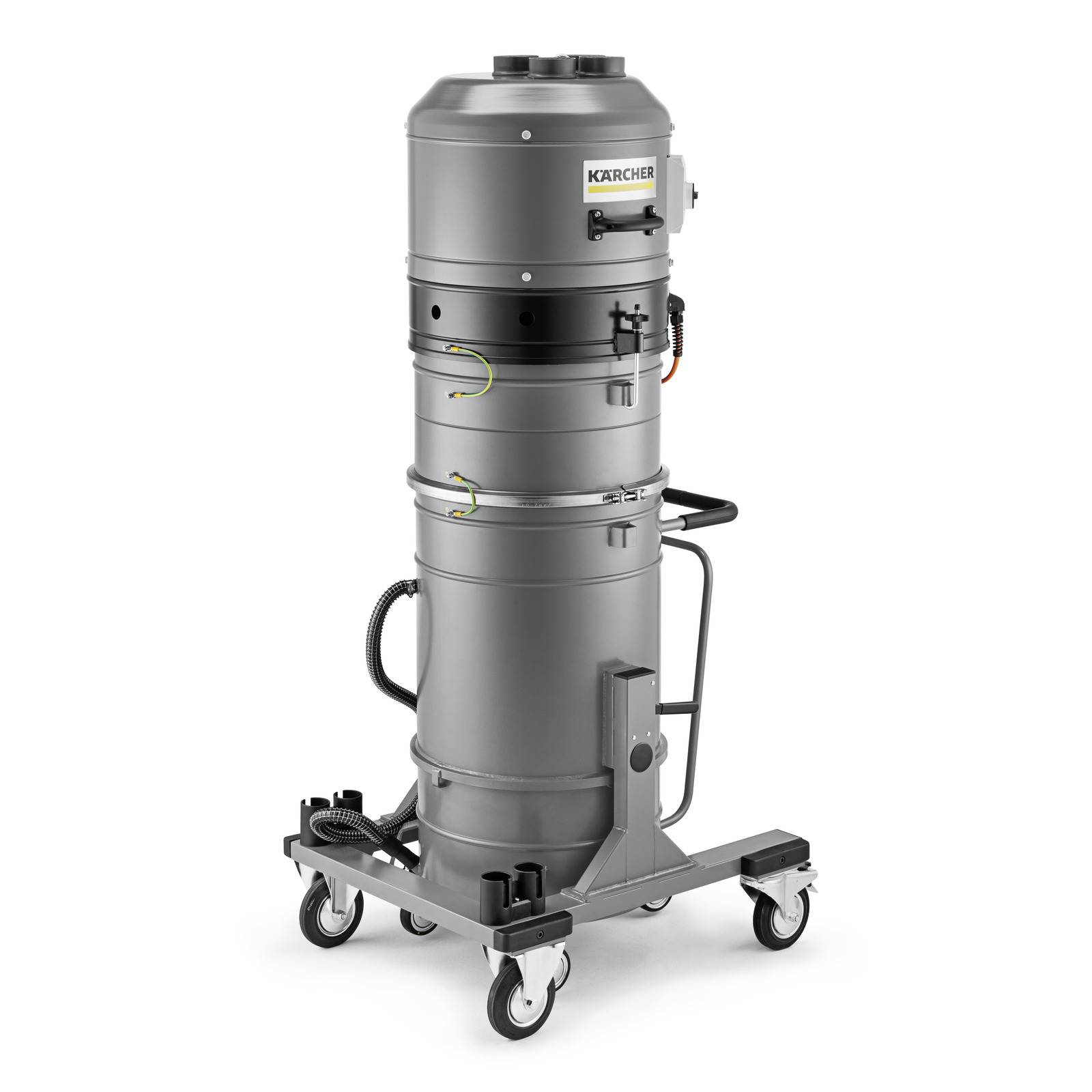 Kärcher industrial vacuum cleaner with a cylindrical metal body, mounted on a wheeled base.