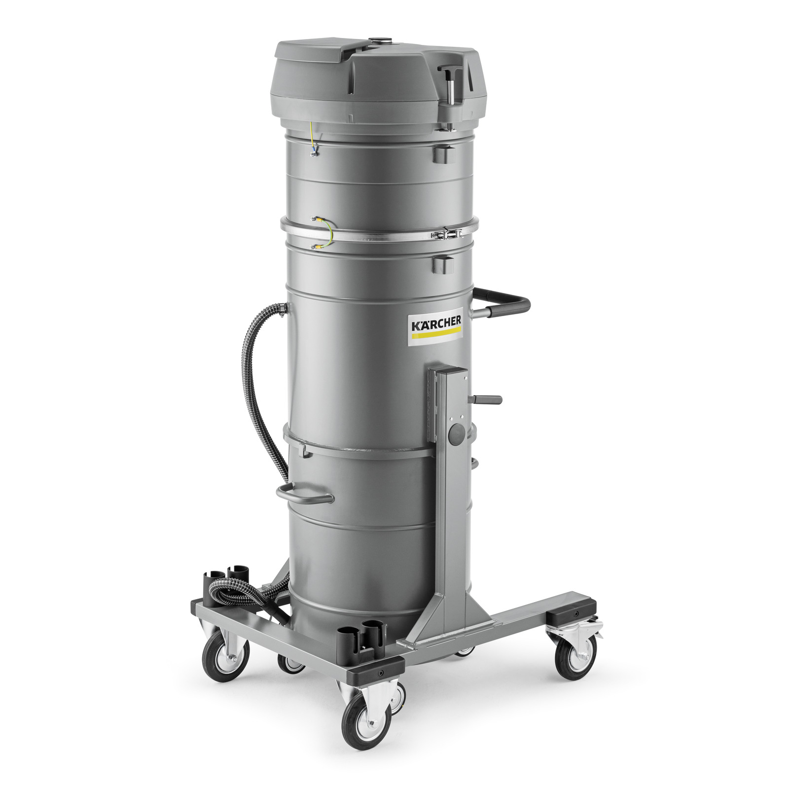 Kärcher industrial vacuum cleaner with a cylindrical design, mounted on a wheeled base for mobility. Kärcher industrial vacuum cleaner with a cylindrical design, mounted on a wheeled base for mobility.