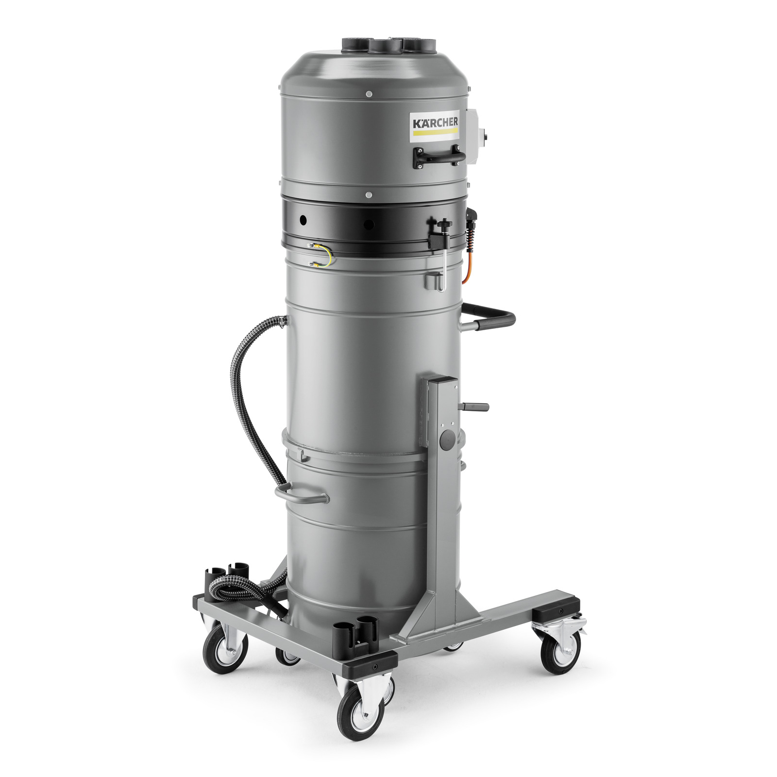 Kärcher industrial vacuum cleaner with a cylindrical grey body, mounted on a wheeled base.