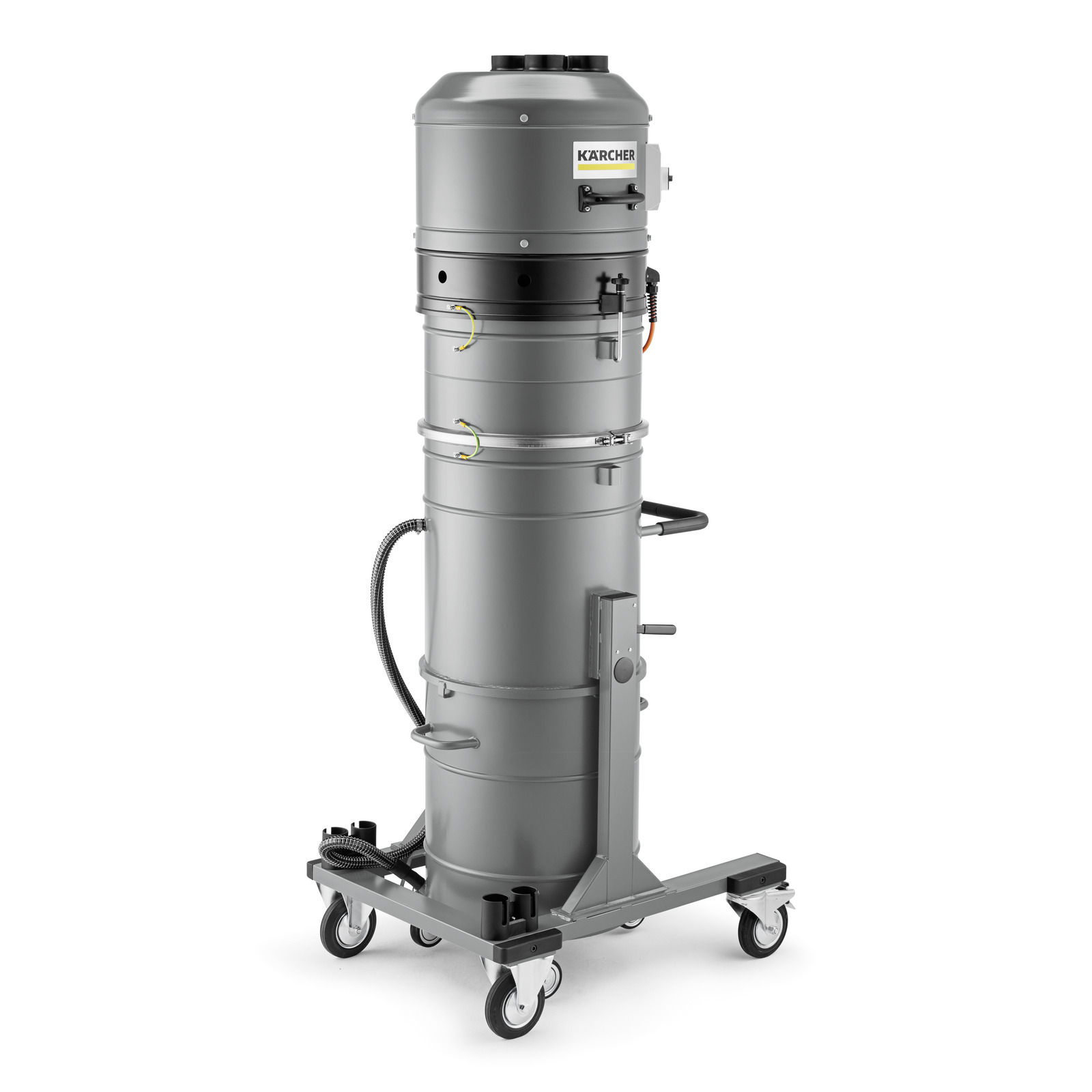 Kärcher industrial vacuum cleaner with a tall cylindrical design, mounted on a wheeled base for mobility.