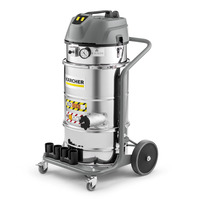 Kärcher industrial vacuum cleaner with a stainless steel body, gauge, and wheels for mobility.
