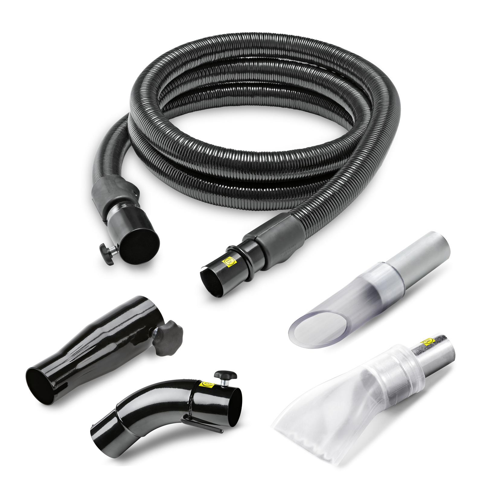 Kärcher vacuum accessories including a coiled hose, curved nozzle, and various attachments on a white background.