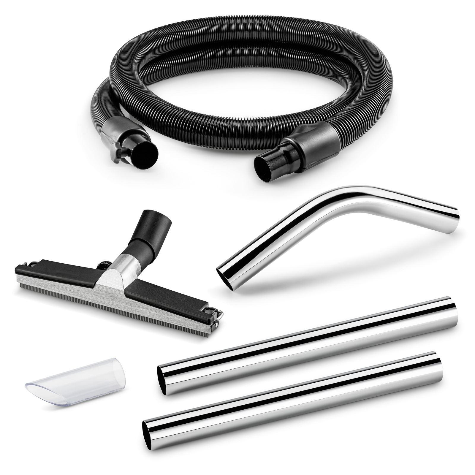 Kärcher vacuum accessories including a hose, floor nozzle, curved tube, two straight tubes, and a small plastic attachment.